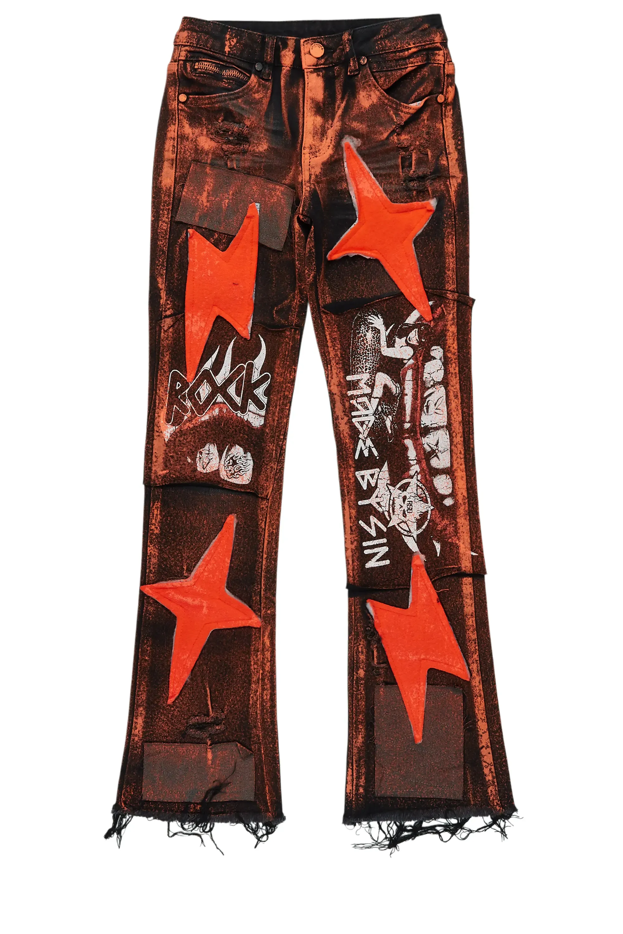 Boys Valko Black/Orange Roller Paint Stacked Flare Jean sold by Rockstar Original