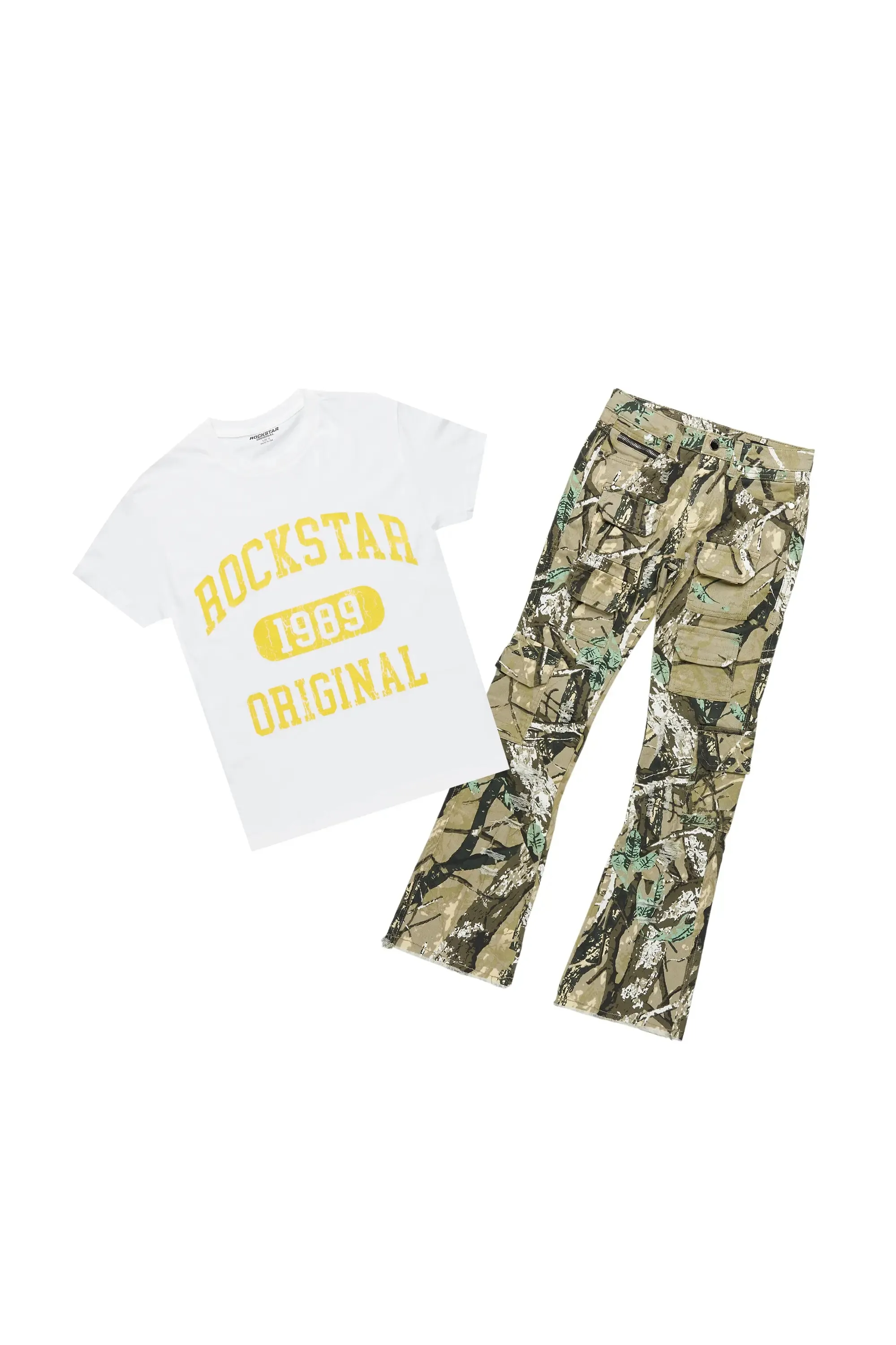 Boys Members White/Tree Camo T-Shirt/Stacked Flare Jean Set sold by Rockstar Original