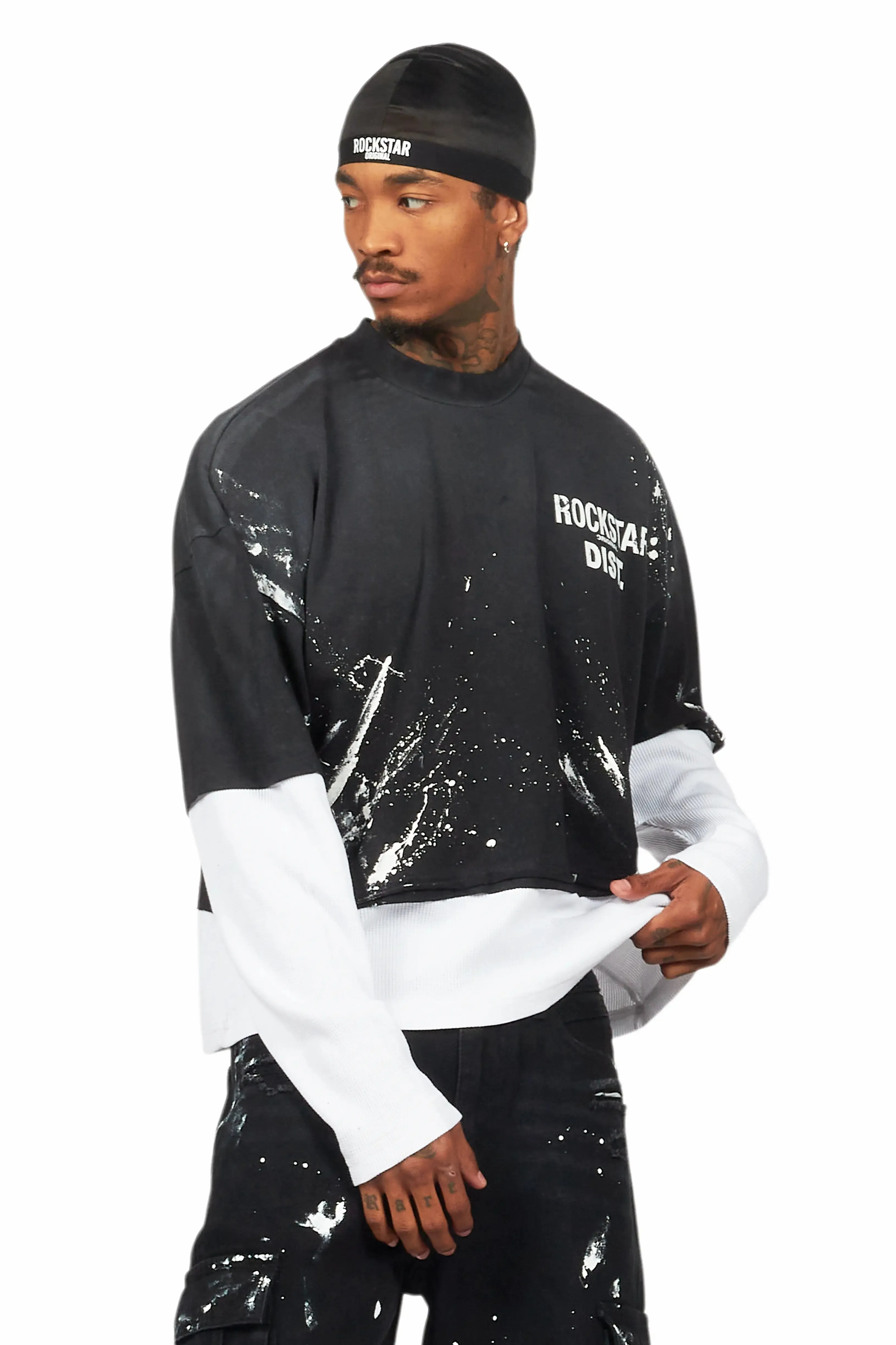 Paley Black Thermal Double Layer Boxy Crop T-Shirt sold by Rockstar Original product image thumbnail 4