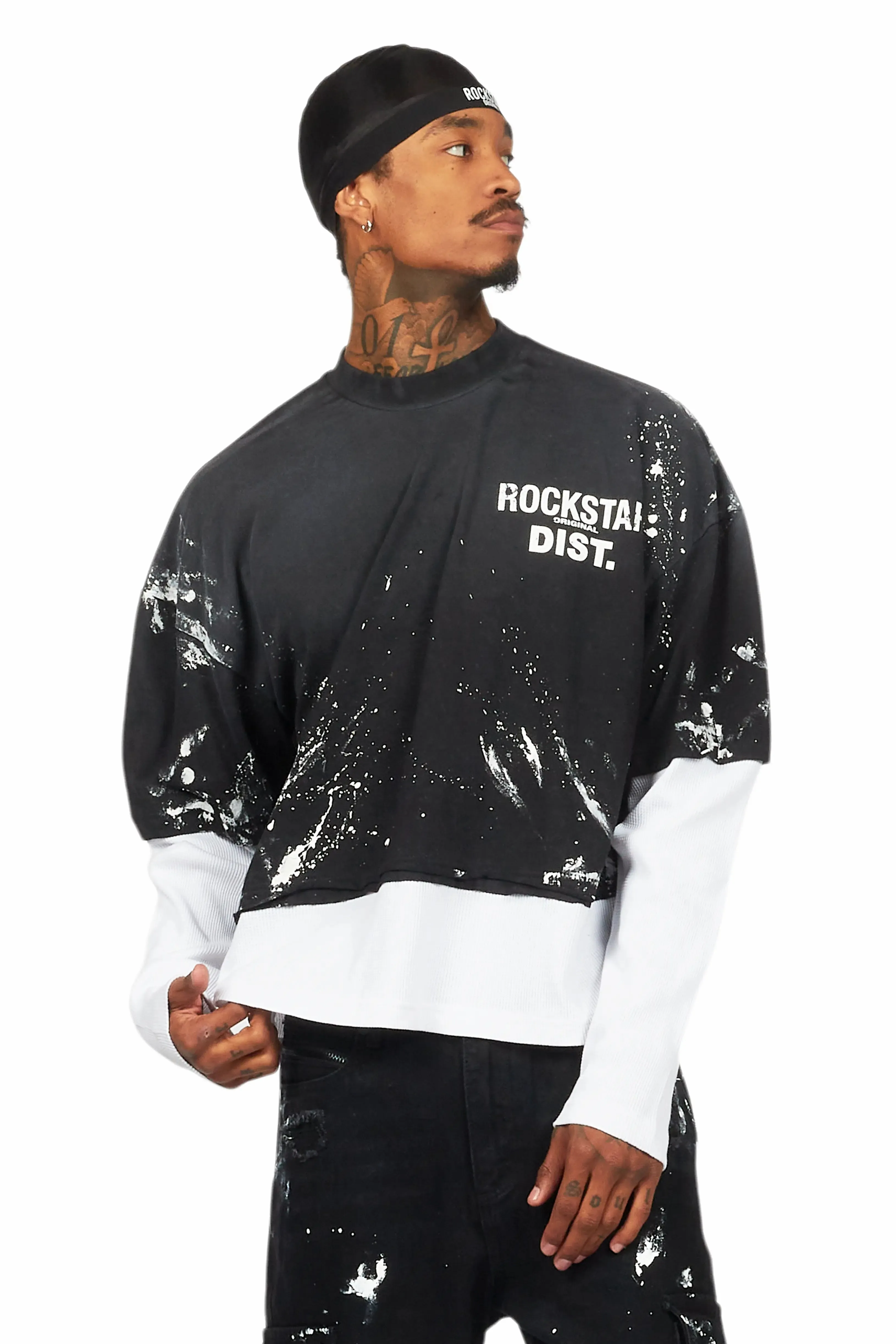 Paley Black Thermal Double Layer Boxy Crop T-Shirt sold by Rockstar Original product image thumbnail 5