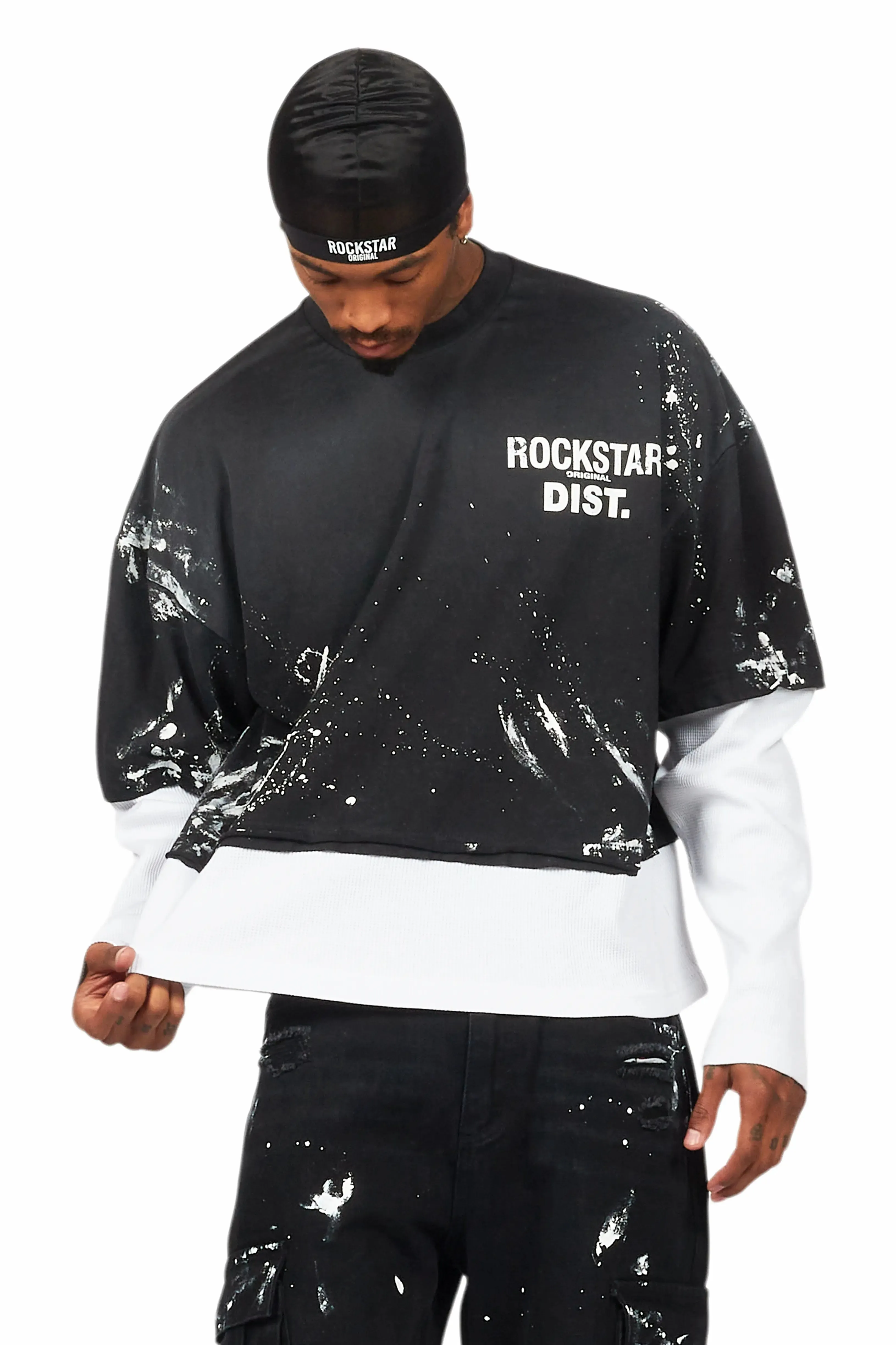 Paley Black Thermal Double Layer Boxy Crop T-Shirt sold by Rockstar Original product image thumbnail 3