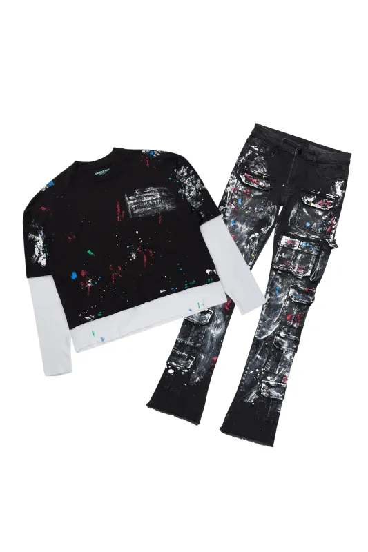 Farrow Black Painter Double Layer T-Shirt/Stacked Flare Jean Bundle sold by Rockstar Original