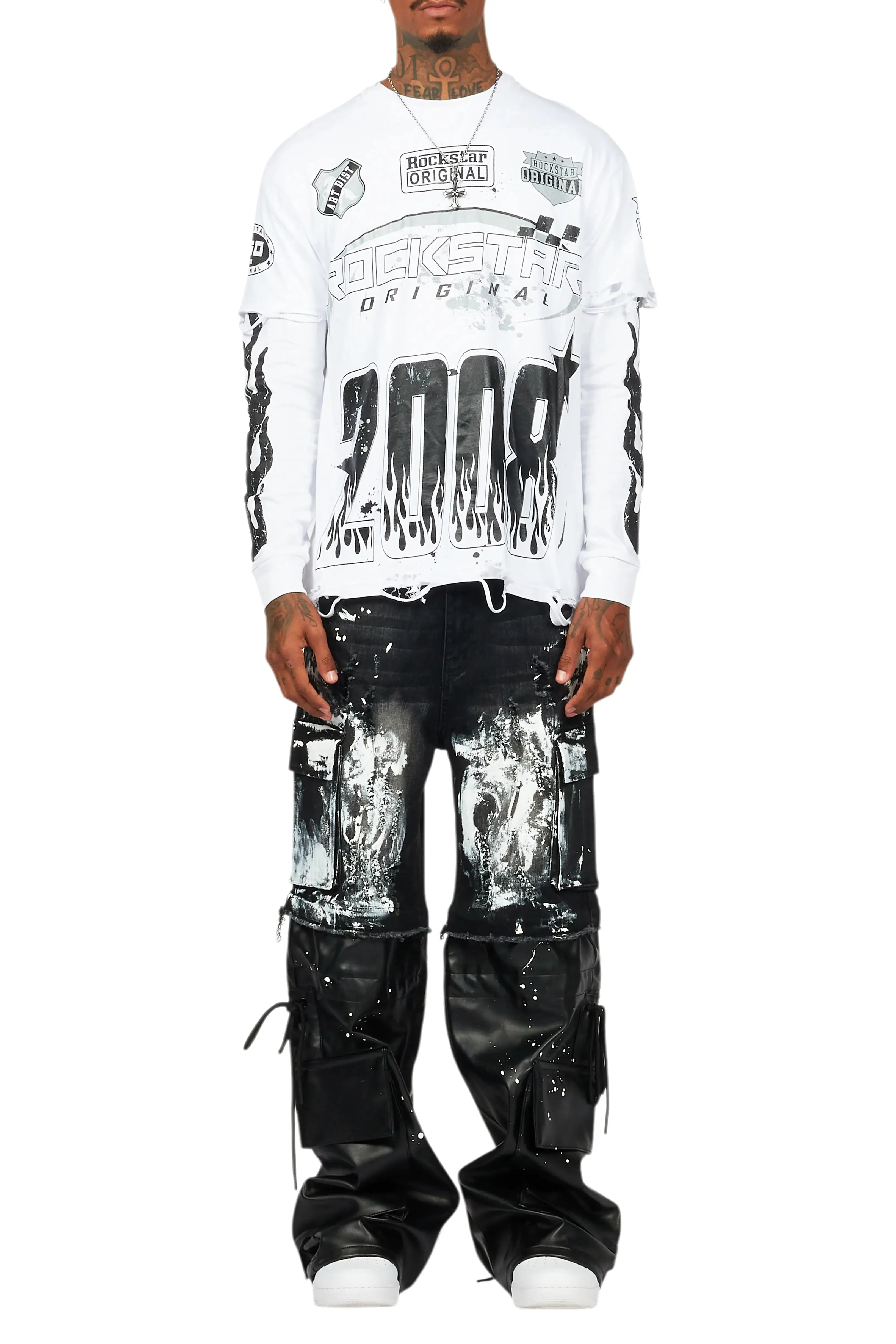 Amos White/Black Double Layer Long Sleeve Graphic T-Shirt sold by Rockstar Original product image thumbnail 3