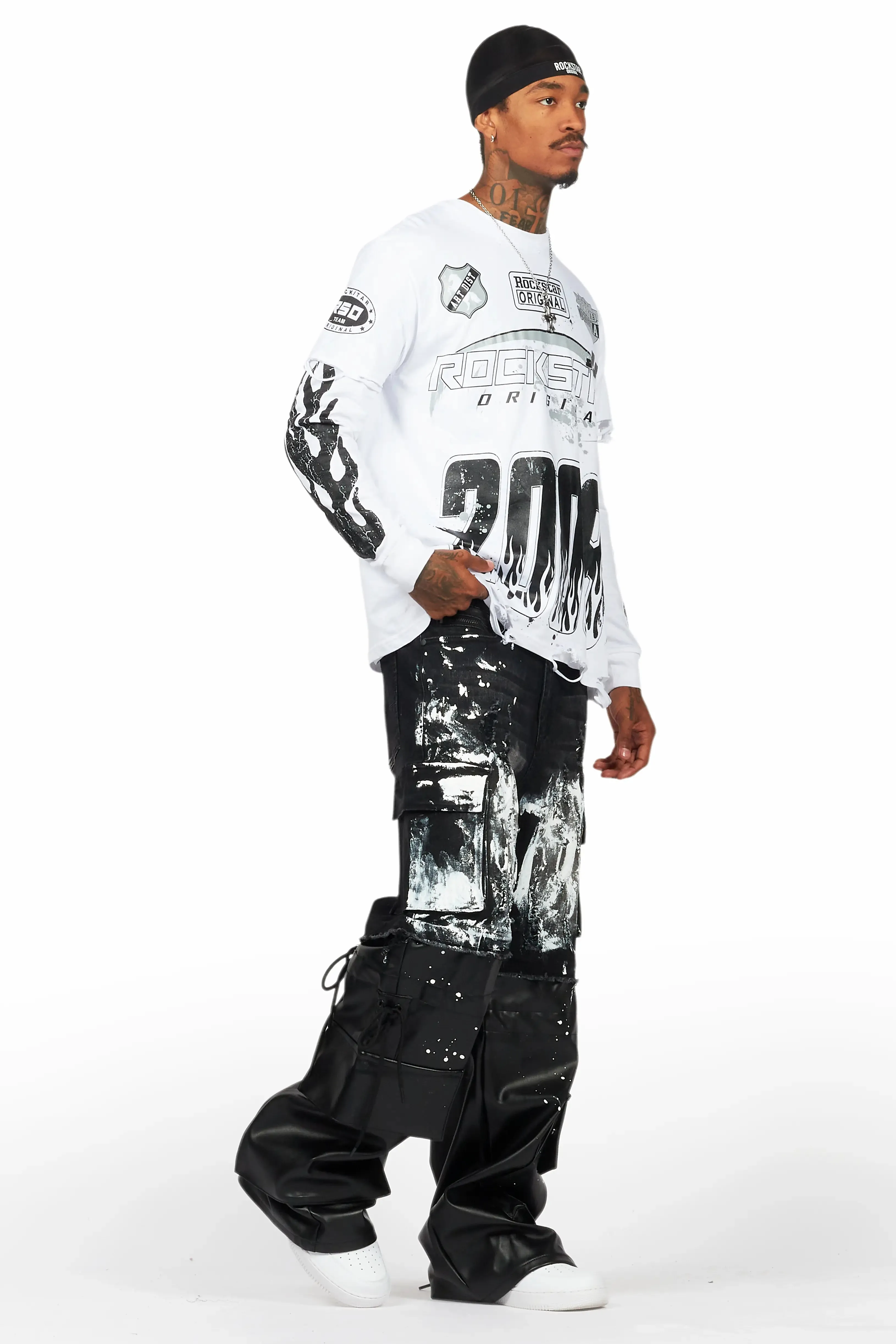 Amos White/Black Double Layer Long Sleeve Graphic T-Shirt sold by Rockstar Original product image thumbnail 4