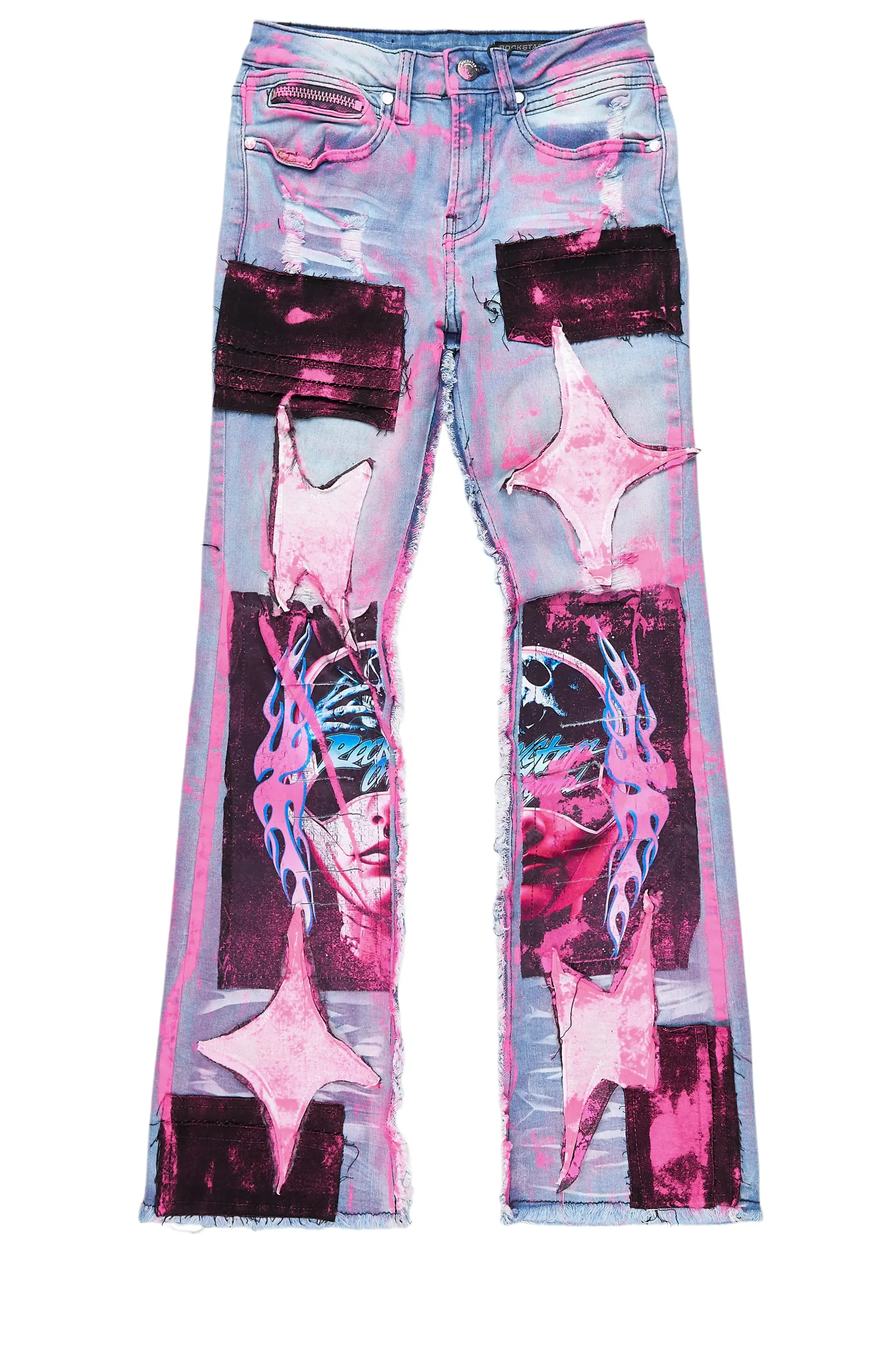 Boys Helki Blue/Pink Roller Paint Stacked Flare Jean sold by Rockstar Original