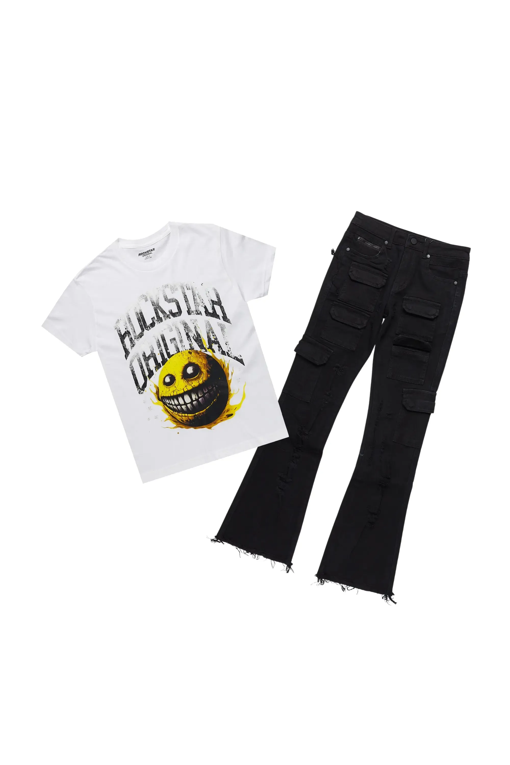 Boys Chuffed White T-Shirt/Stacked Flare Jean Set sold by Rockstar Original