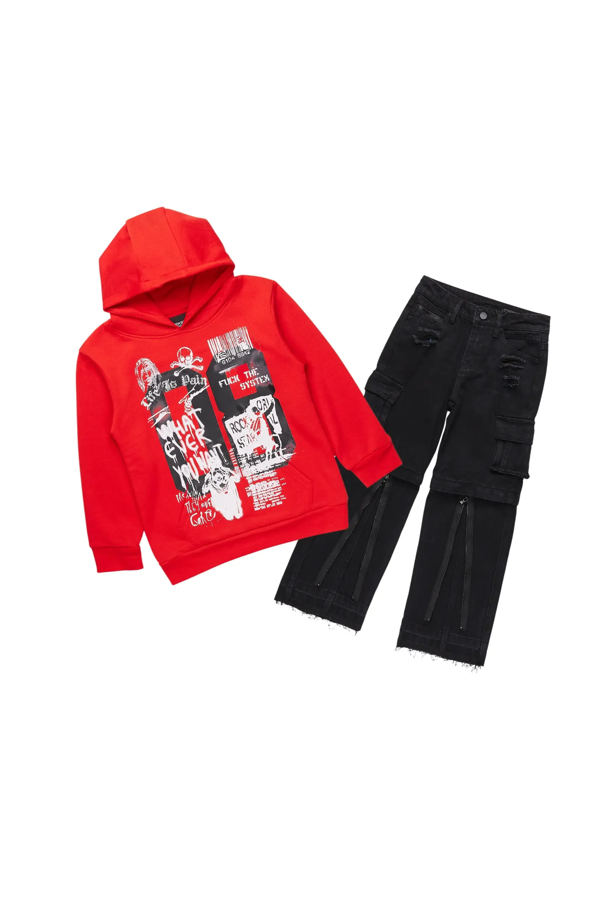 Boys Beau Red/Black Hoodie/Baggy Fit Jean Set sold by Rockstar Original