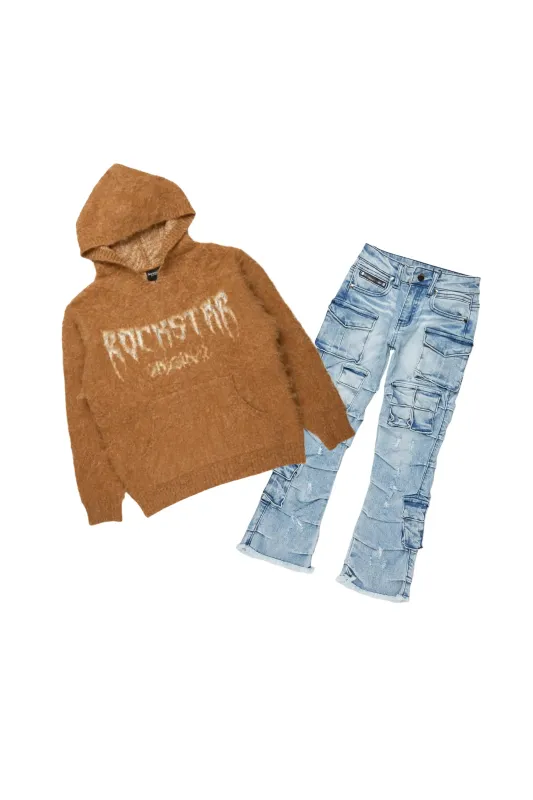 Boys Andros Brown/Light Blue Mohair Hoodie/Stacked Flare Jean Set sold by Rockstar Original