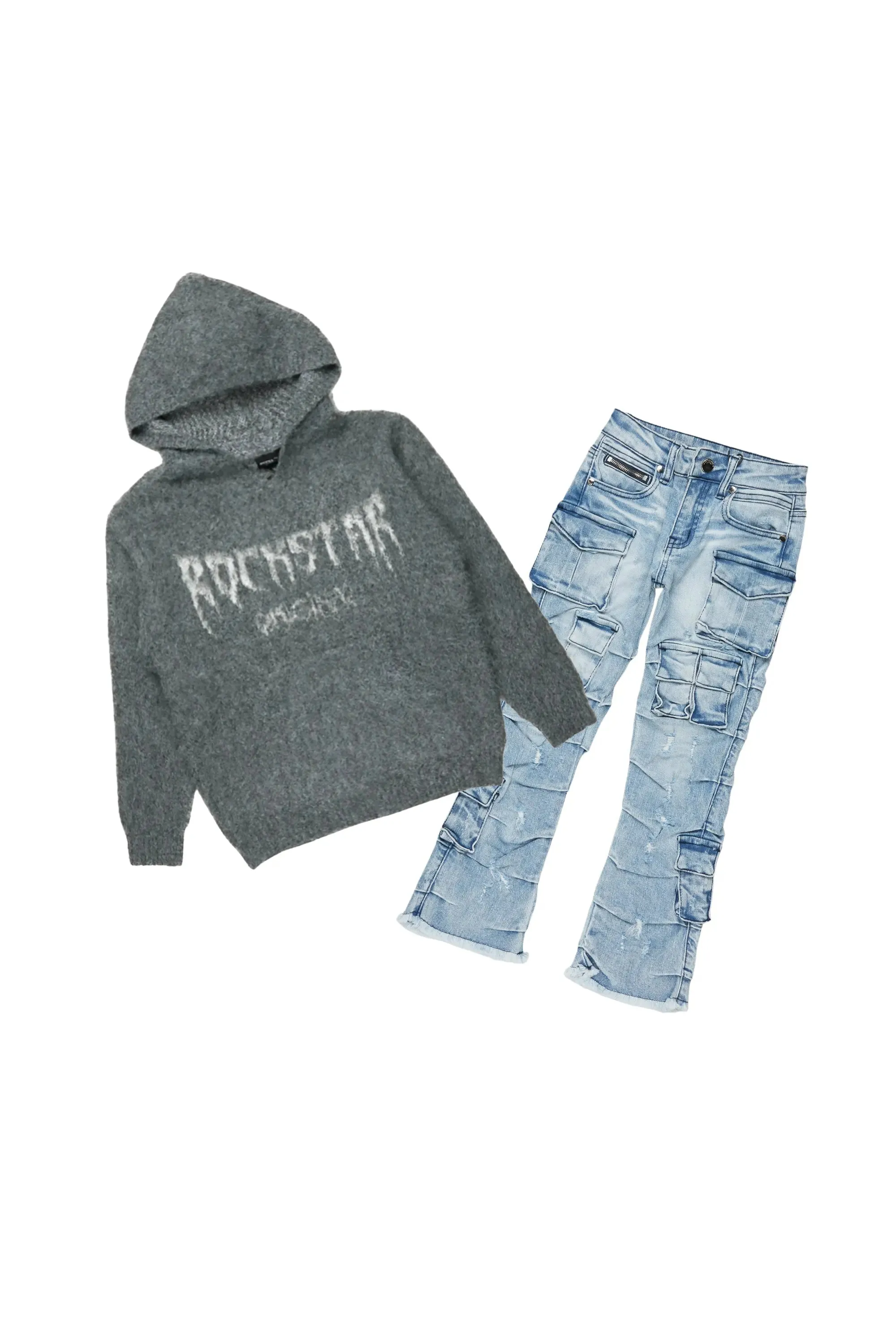 Boys Andros Grey/Light Blue Mohair Hoodie/Stacked Flare Jean Set sold by Rockstar Original