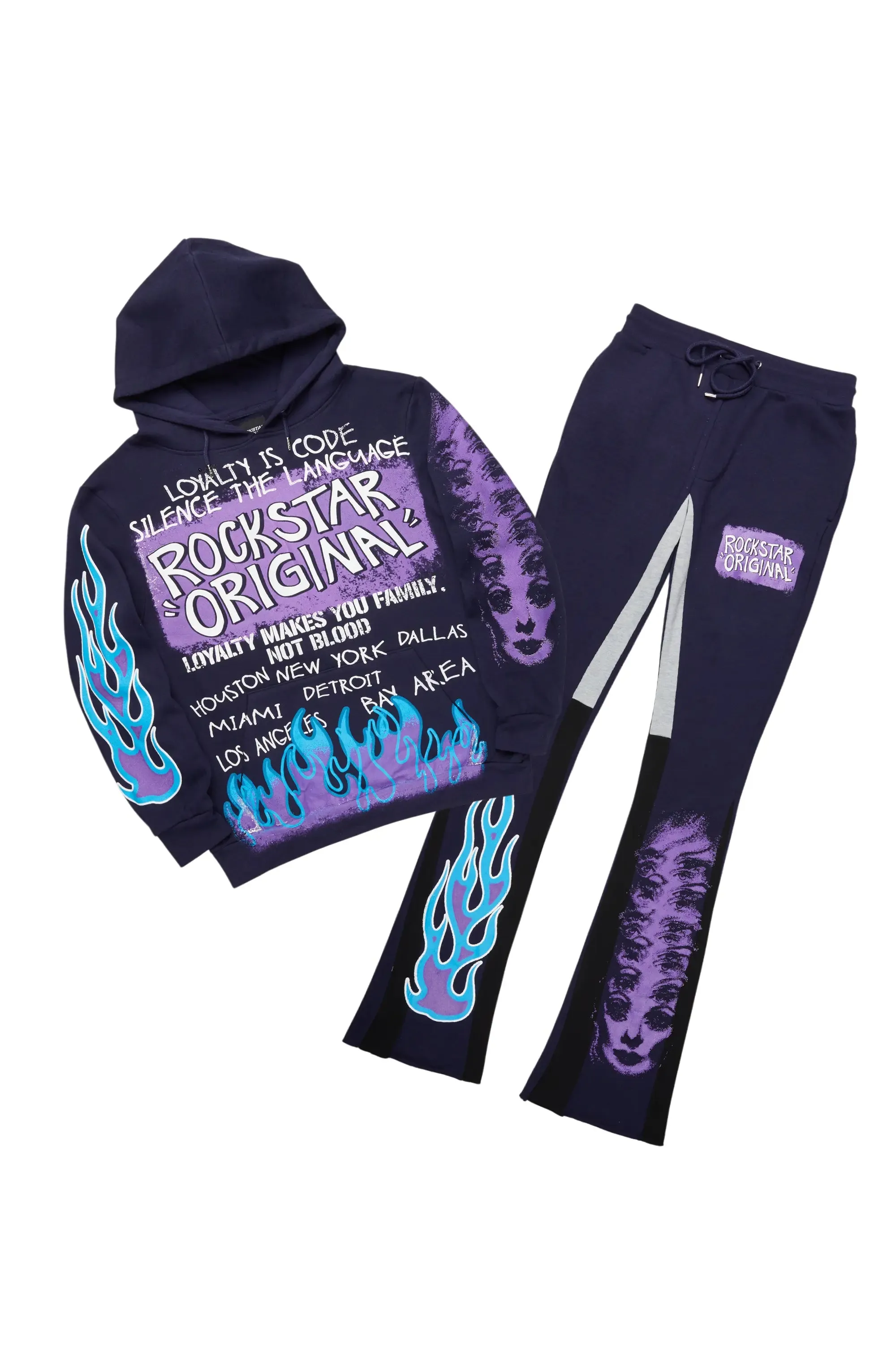 Beno Navy Stacked Flare Hoodie Track Set sold by Rockstar Original