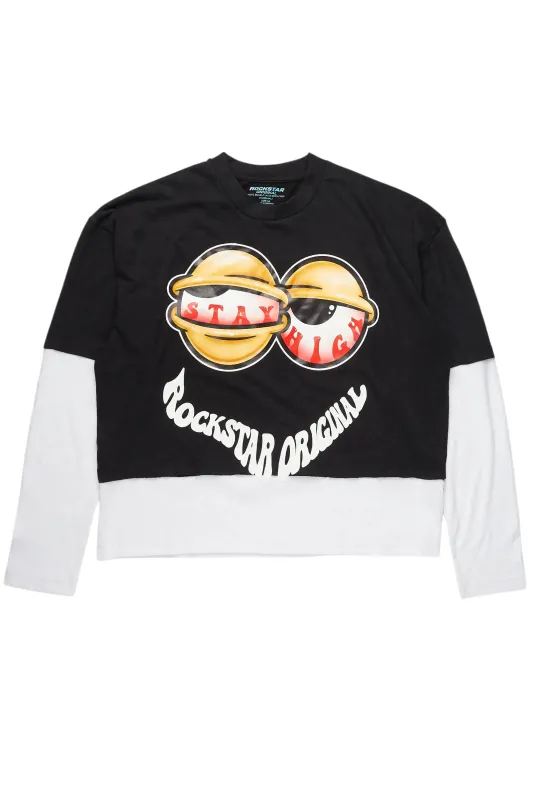 Highya Vintage Black Thermal Double Layer Boxy Crop T-Shirt sold by Rockstar Original