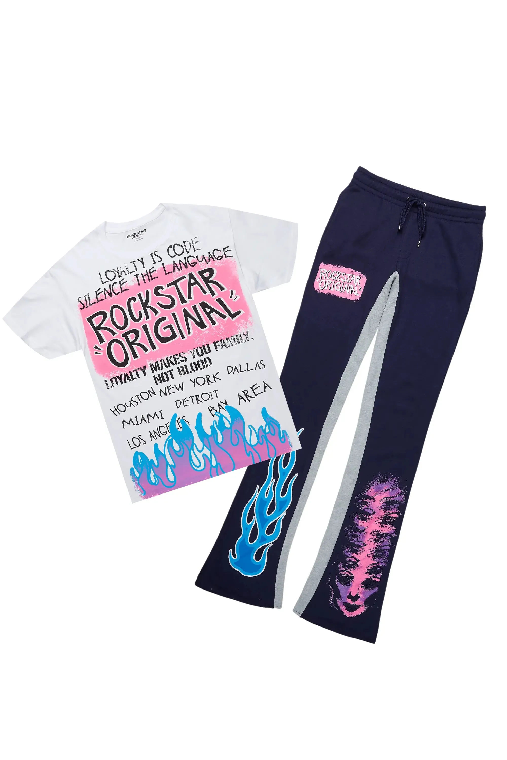 Beno White/Navy T-Shirt/Baggy Stacked Pant Set sold by Rockstar Original
