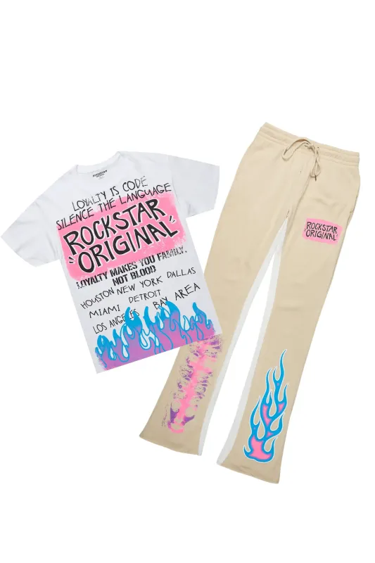 Beno White/Beige T-Shirt/Baggy Stacked Pant Set sold by Rockstar Original