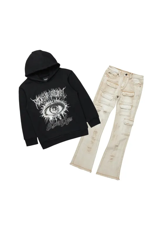 Boys All Eyes Black/Beige Hoodie/Stacked Flare Jean Set sold by Rockstar Original