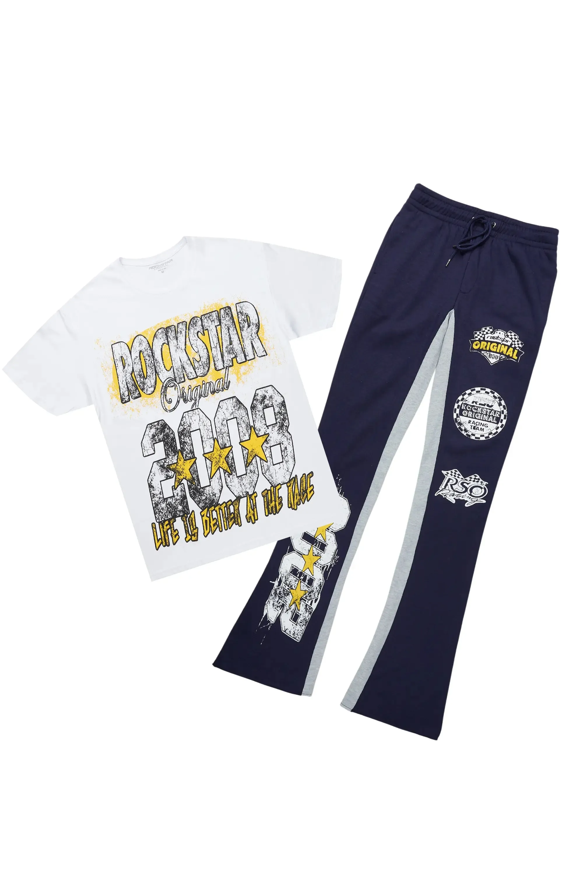 Racing Grung White/Navy T-Shirt/Stacked Baggy Track Pant Set sold by Rockstar Original