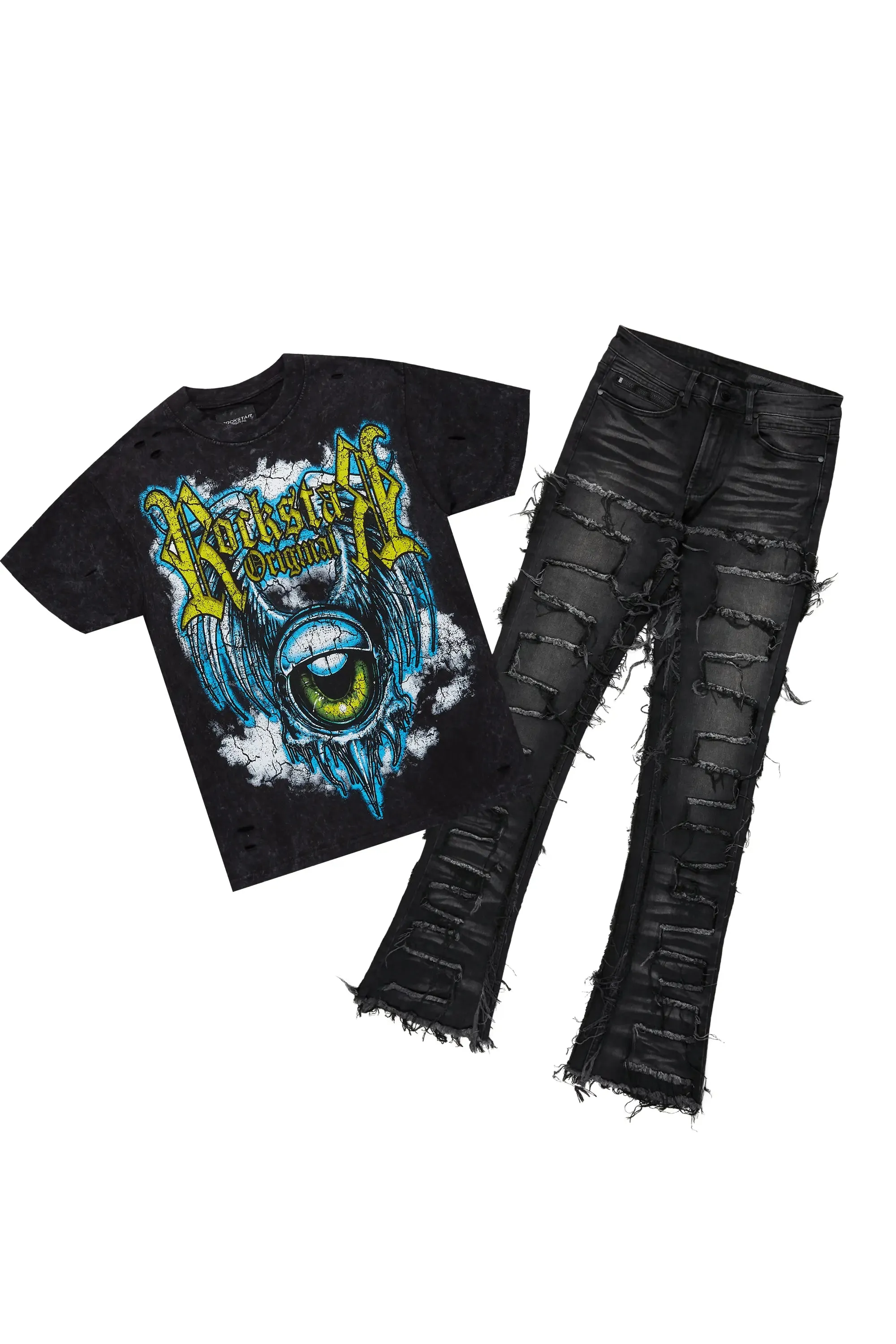 Fenton Vintage Black T-Shirt/Stacked Flare Jean Bundle sold by Rockstar Original