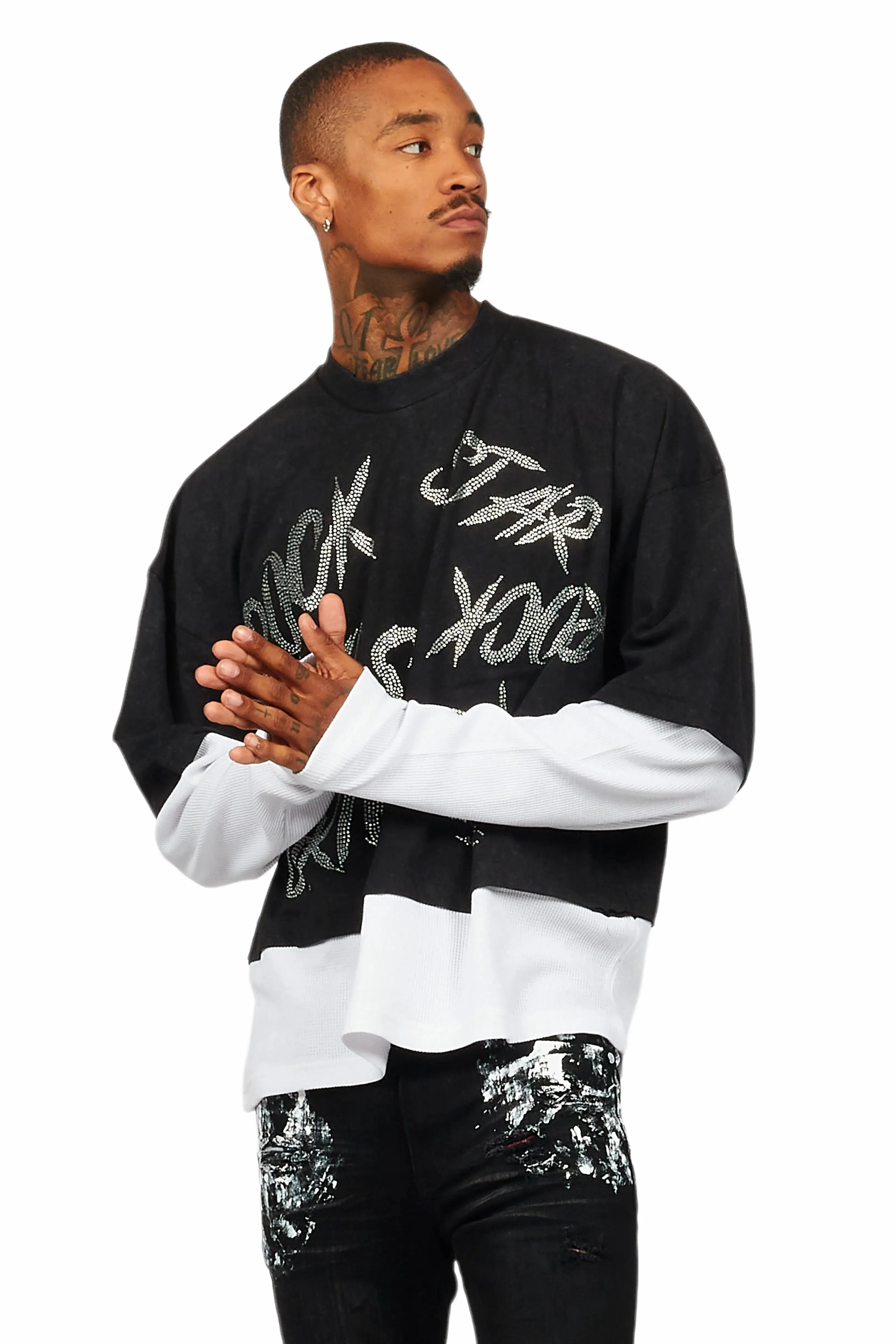 Bence Vintage Black Thermal Double Layer Boxy Crop T-Shirt sold by Rockstar Original product image thumbnail 4