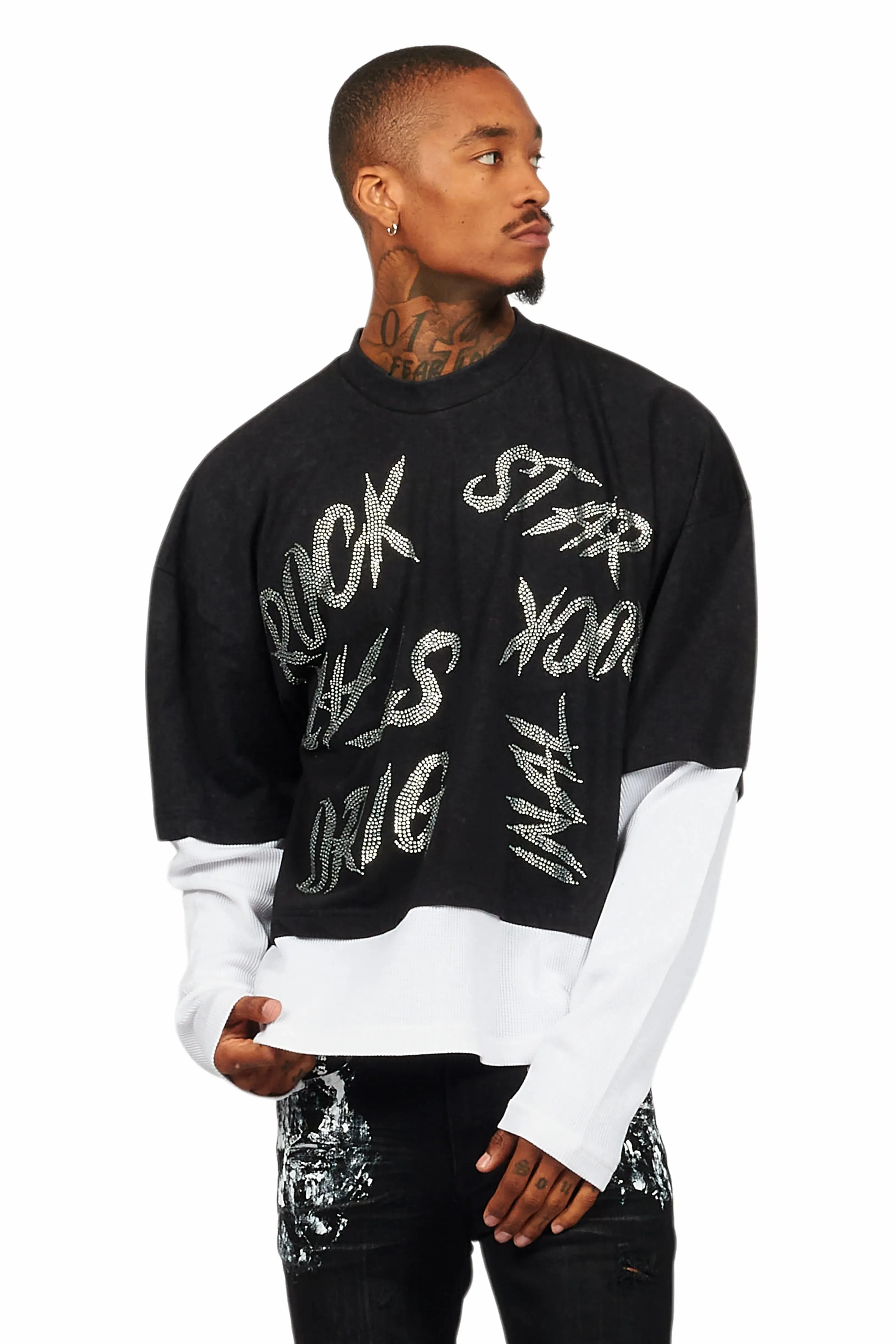 Bence Vintage Black Thermal Double Layer Boxy Crop T-Shirt sold by Rockstar Original product image thumbnail 2