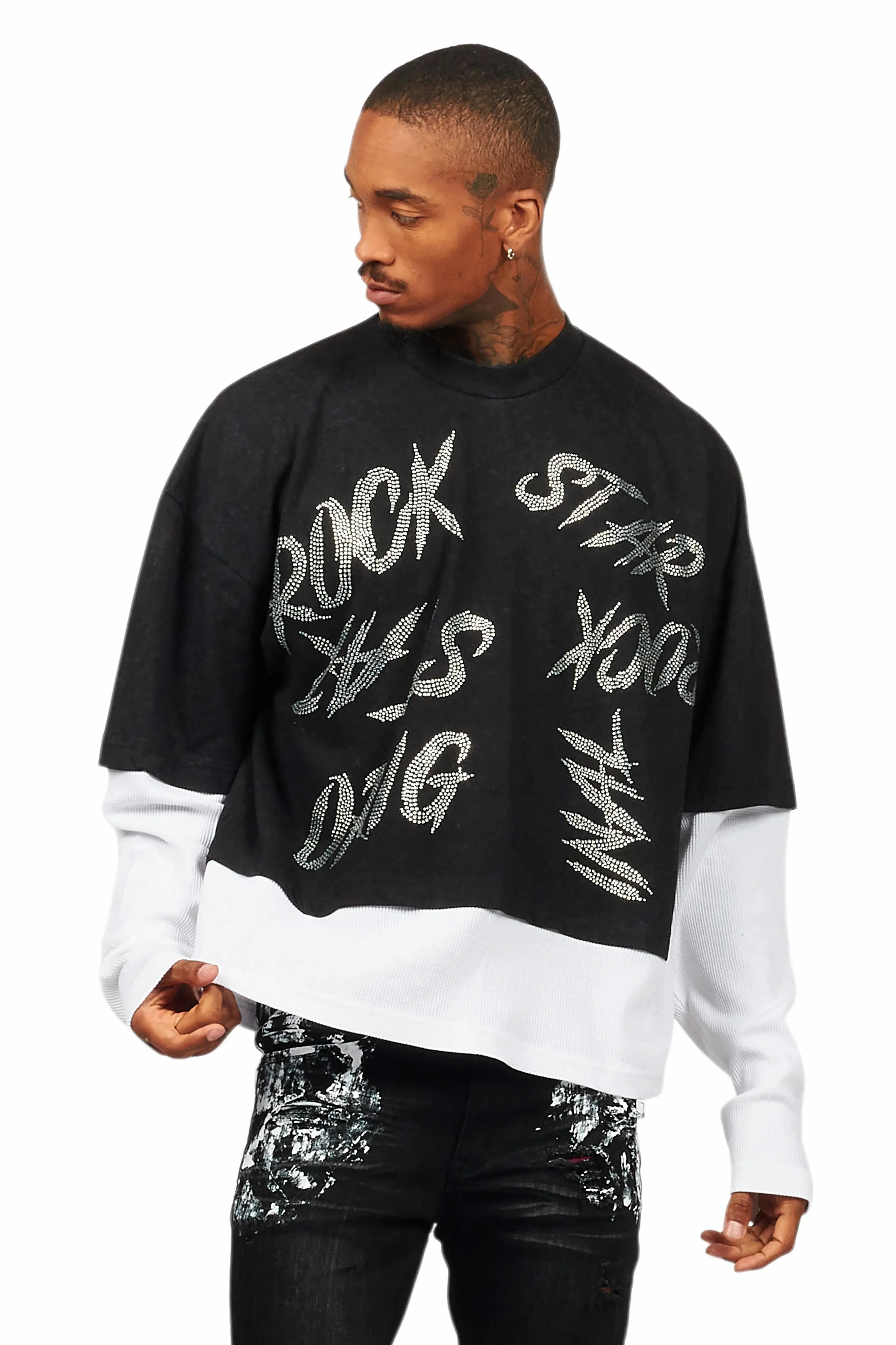 Bence Vintage Black Thermal Double Layer Boxy Crop T-Shirt sold by Rockstar Original product image thumbnail 3