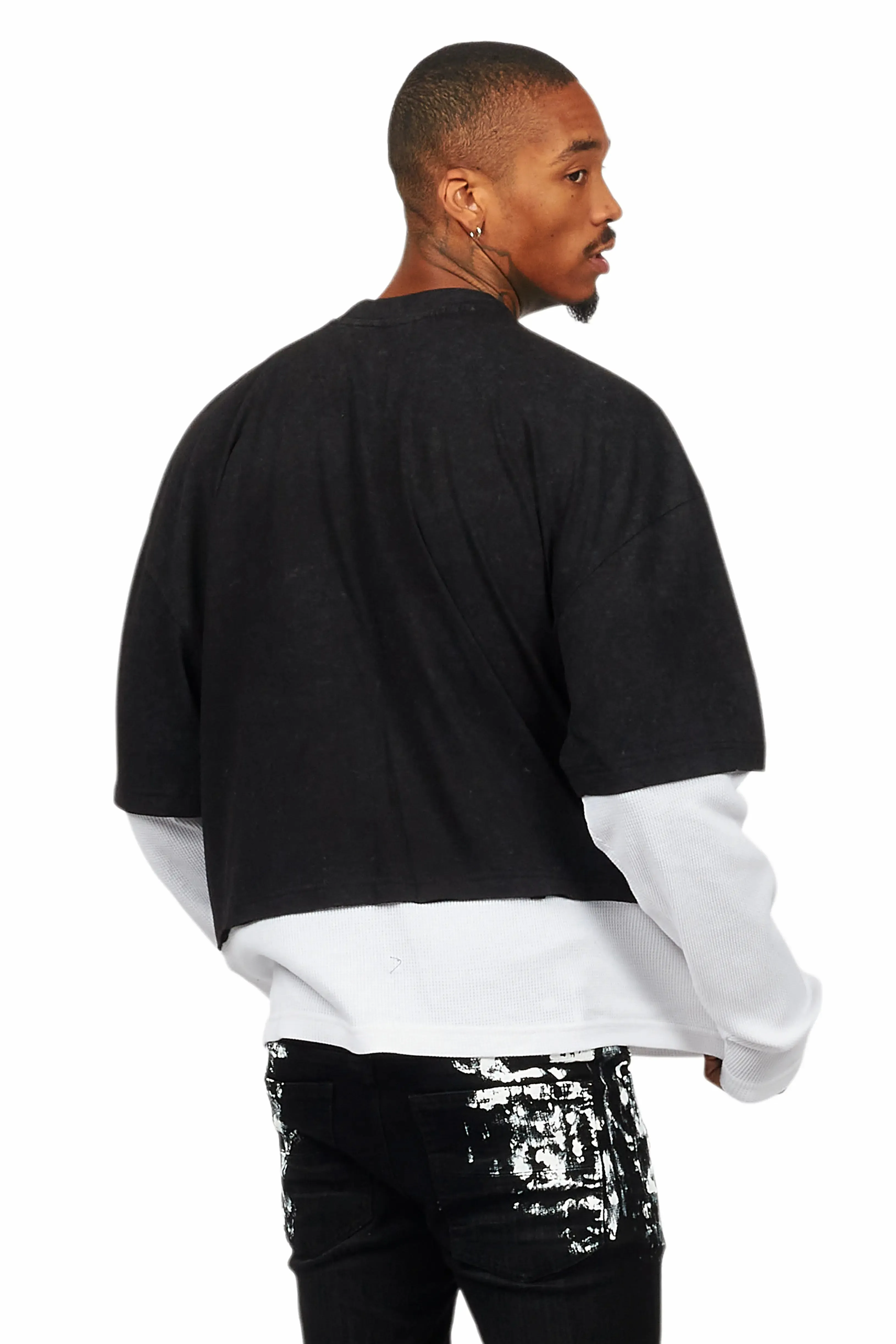 Bence Vintage Black Thermal Double Layer Boxy Crop T-Shirt sold by Rockstar Original product image thumbnail 5