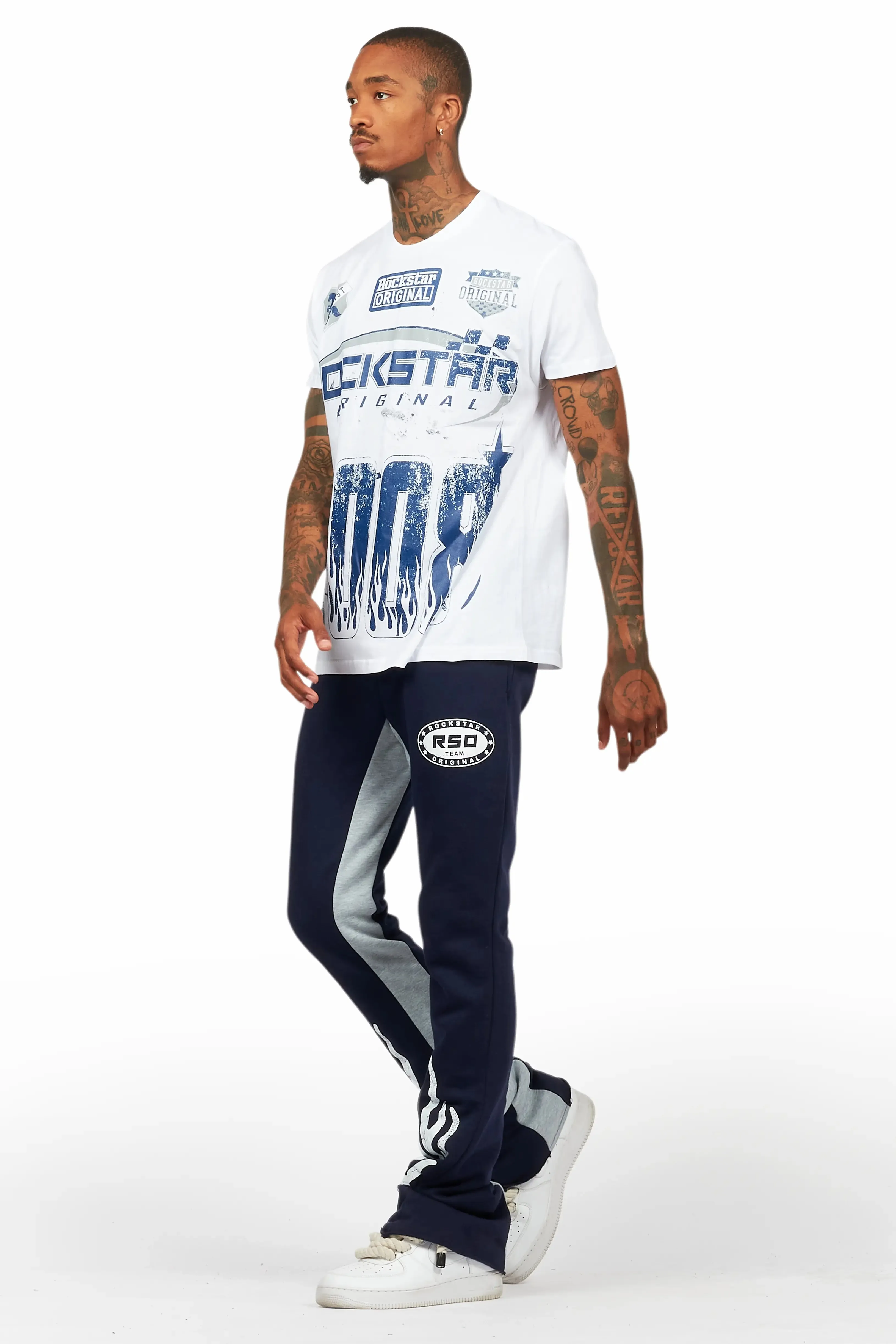Amos White/Navy T-Shirt/Stacked Baggy Track Pant Set sold by Rockstar Original product image thumbnail 5