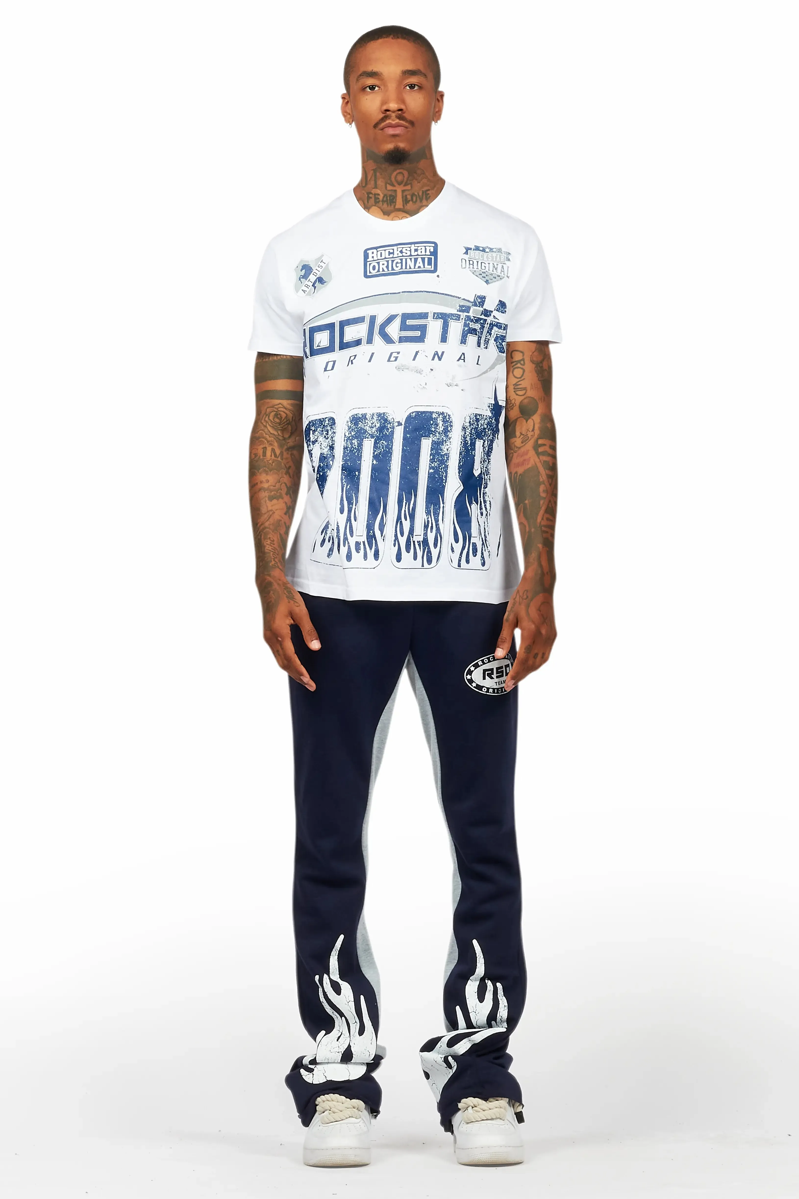Amos White/Navy T-Shirt/Stacked Baggy Track Pant Set sold by Rockstar Original product image thumbnail 2