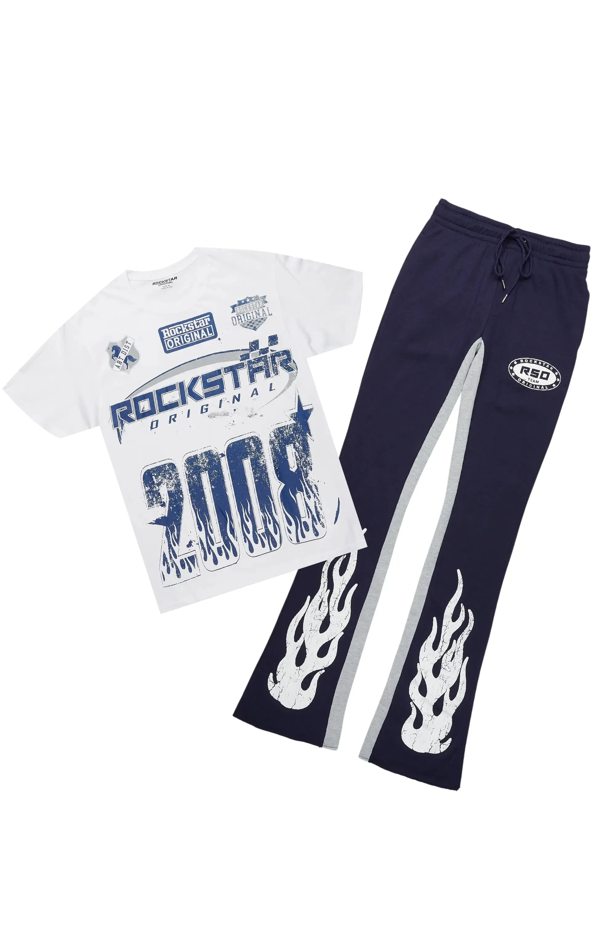 Amos White/Navy T-Shirt/Stacked Baggy Track Pant Set sold by Rockstar Original