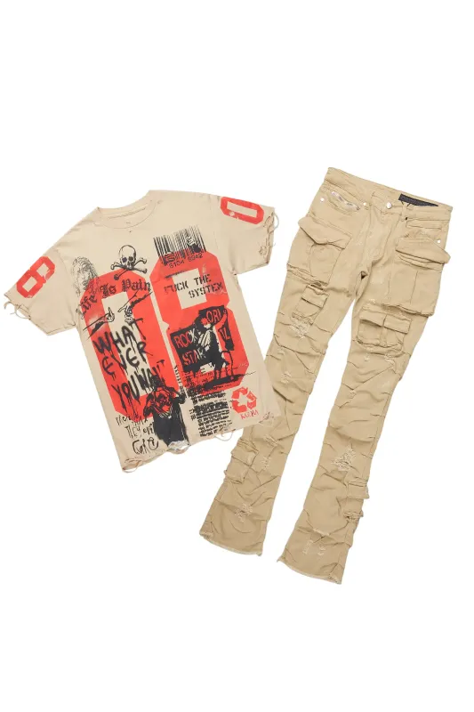 Grill Beige T-Shirt/Stacked Flare Jean Bundle sold by Rockstar Original