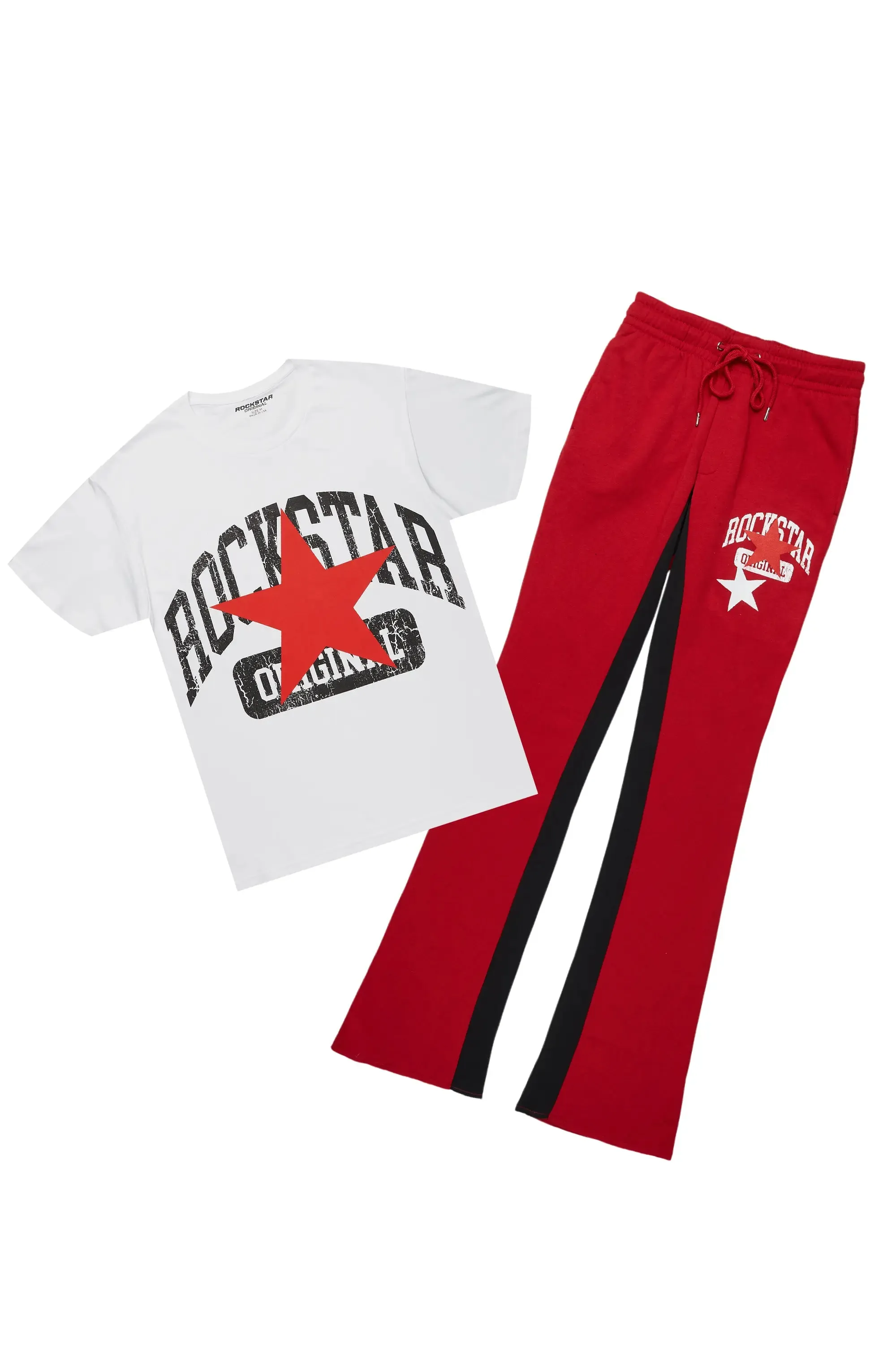 Mallor White/Burgundy T-Shirt/Stacked Baggy Track Pant Set sold by Rockstar Original