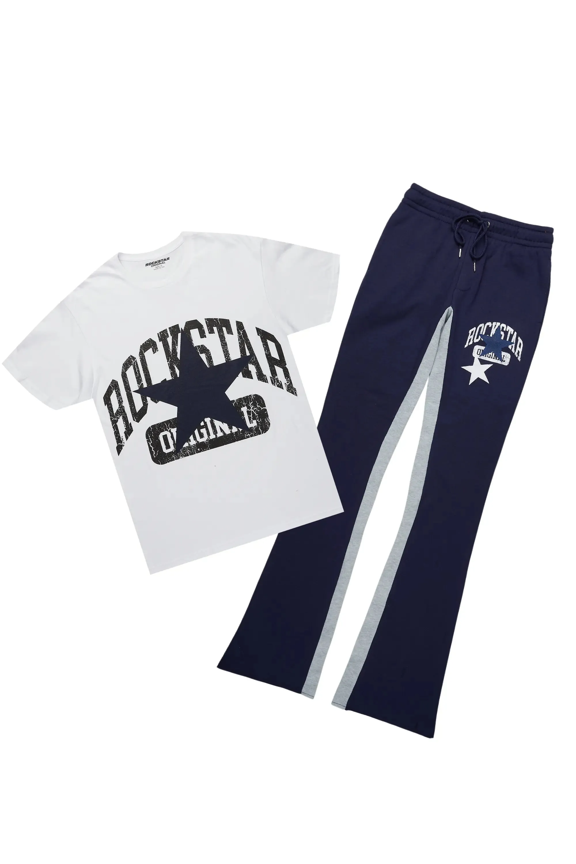 Mallor White/Navy T-Shirt/Stacked Baggy Track Pant Set sold by Rockstar Original