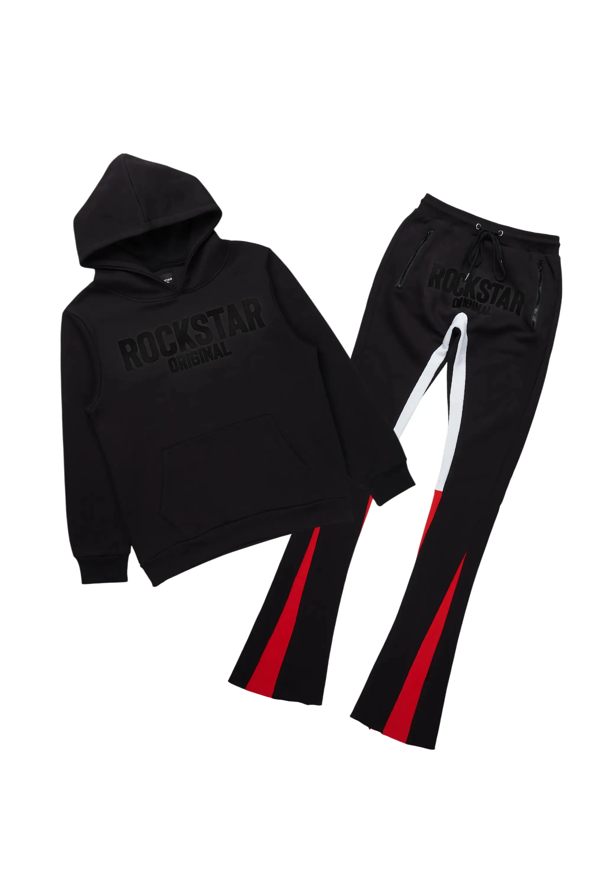 Sana Black/Black Hoodie/Stacked Flare Track Pant Set sold by Rockstar Original