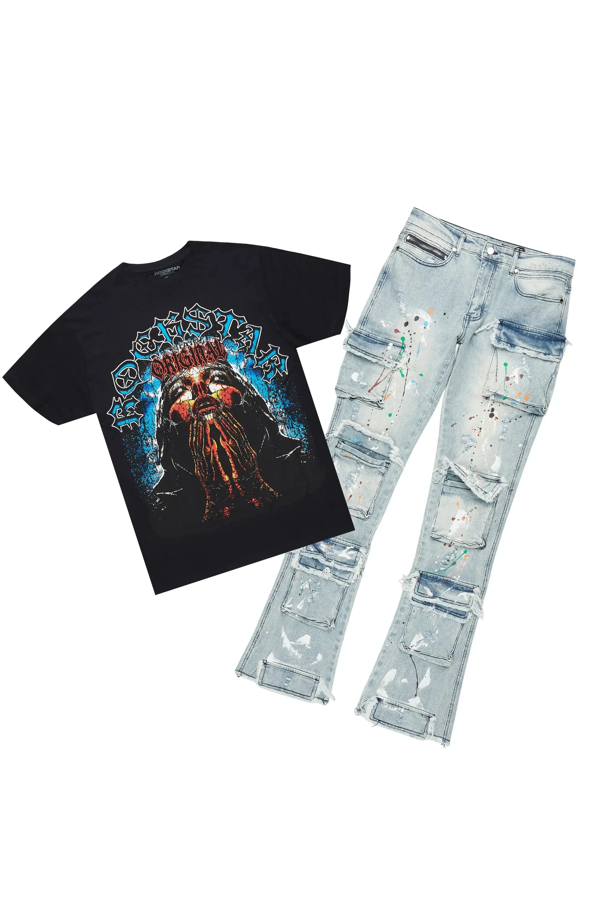 Dallan Black/Blue T-Shirt/Stacked Flare Jean Bundle sold by Rockstar Original