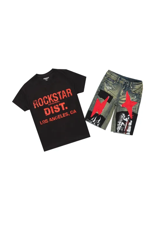Boys Valo Black/Red T-Shirt/Denim Short Set sold by Rockstar Original