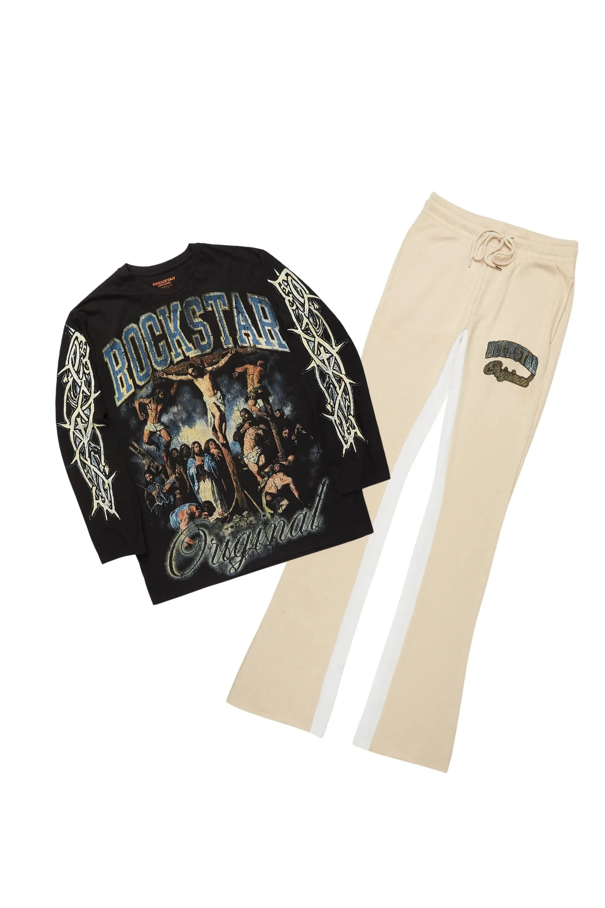 Waller Black/Beige Long Sleeve T-Shirt/Baggy Pant Set sold by Rockstar Original