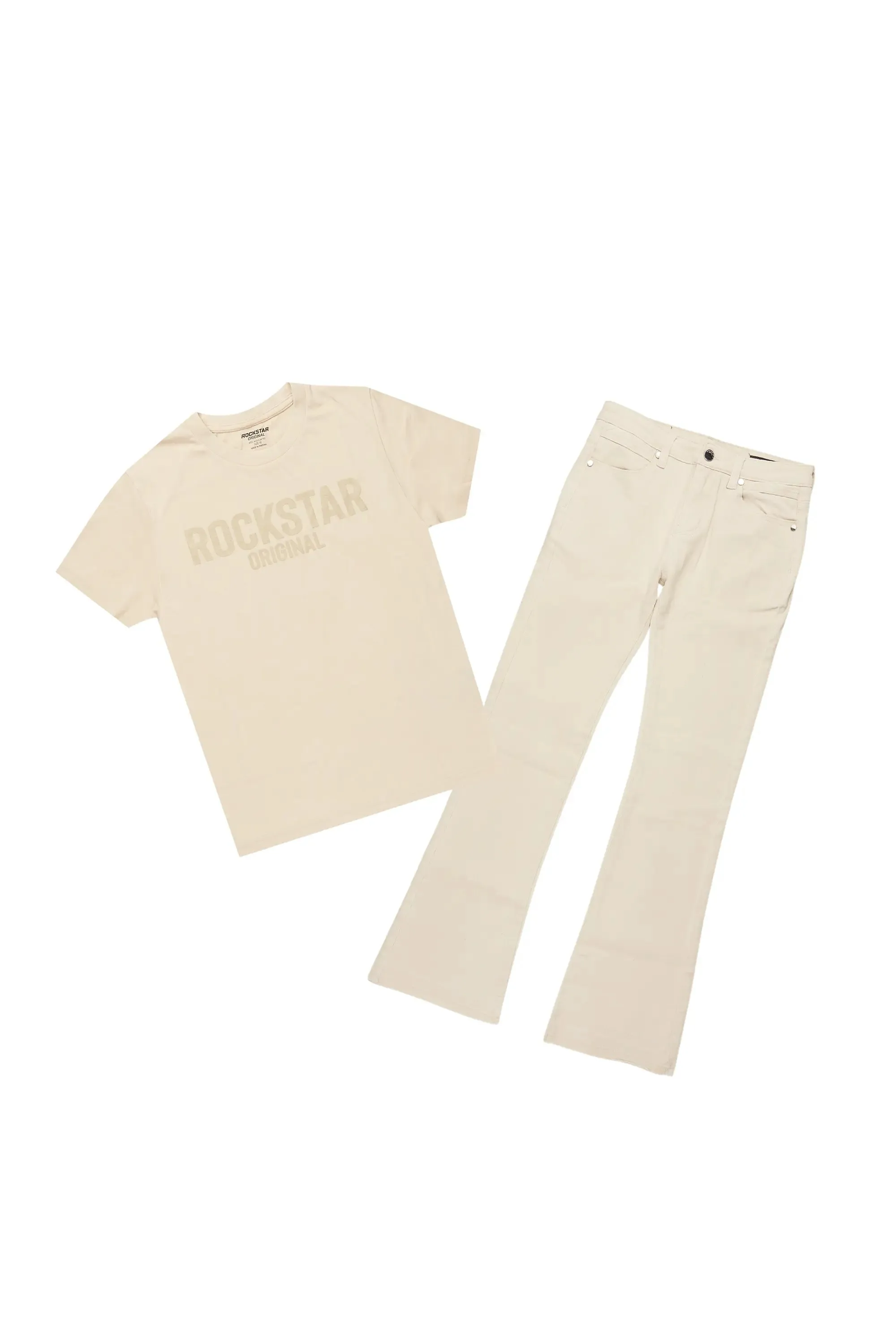Boys Sana Vintage Sand/Beige T-Shirt/Dag Stacked Flare Jean Set sold by Rockstar Original
