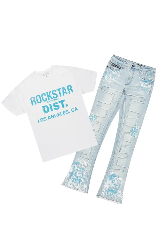 Saxon White/Blue T-Shirt/Stacked Flare Jean Set sold by Rockstar Original