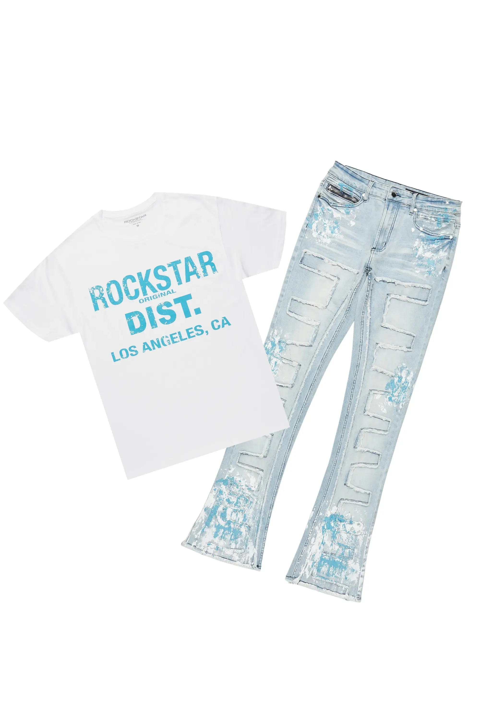 Saxon White/Blue T-Shirt/Stacked Flare Jean Set sold by Rockstar Original