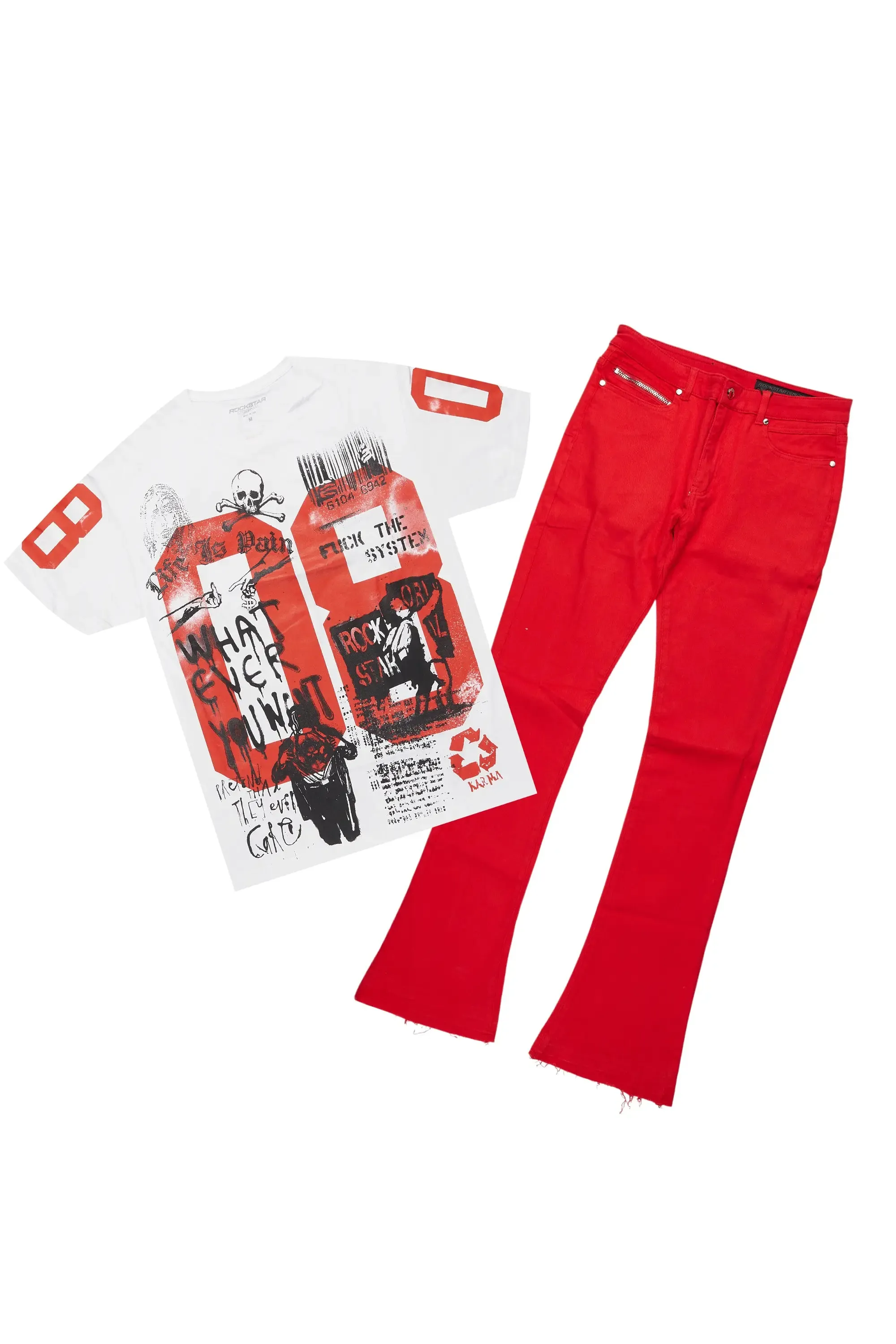 Grill White/Red Oversized Graphic T-Shirt/Dag Stacked Flare Jean Set sold by Rockstar Original
