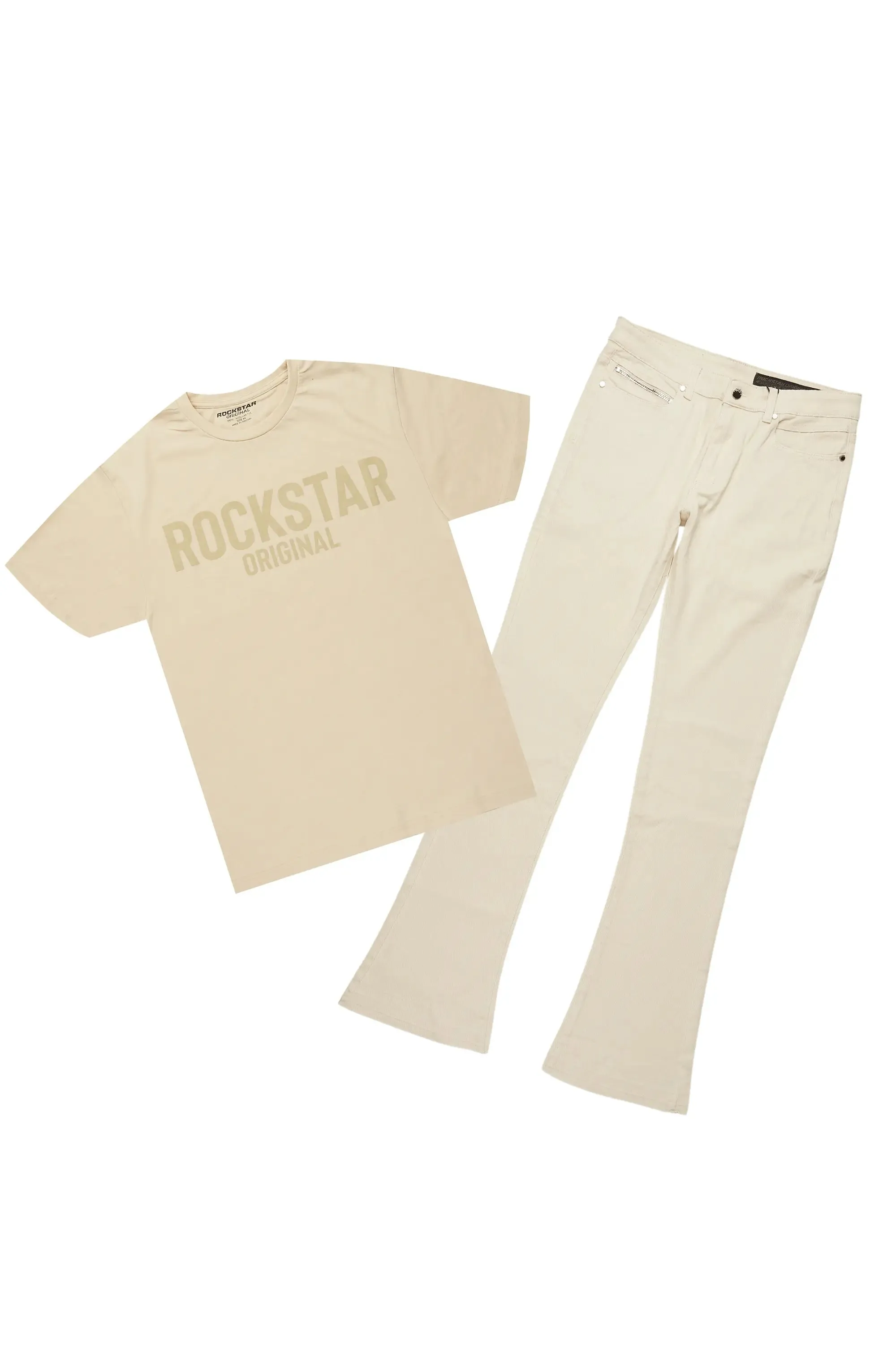 Sana Sand/Beige T-Shirt/Dag Stacked Flare Jean Set sold by Rockstar Original
