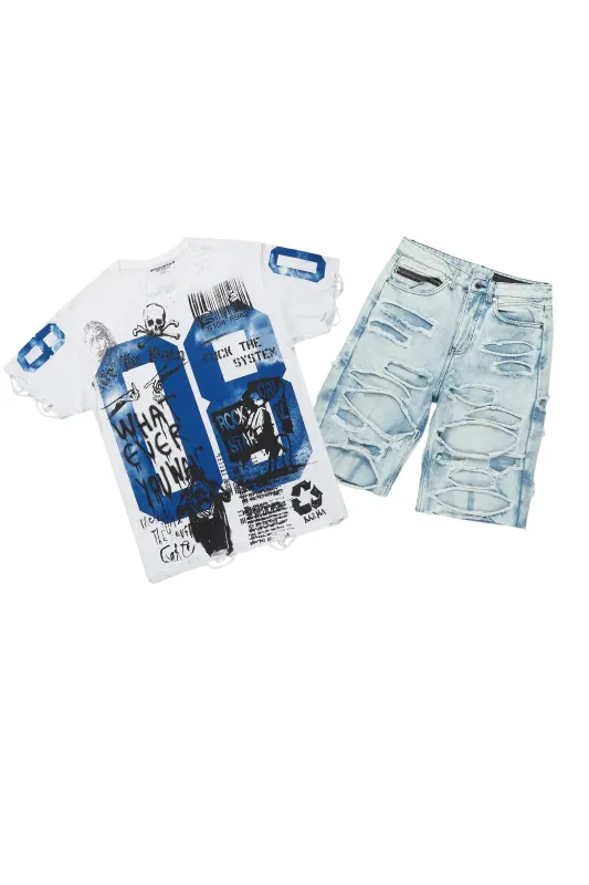 Grill White/Blue T-Shirt/Denim Short Set sold by Rockstar Original