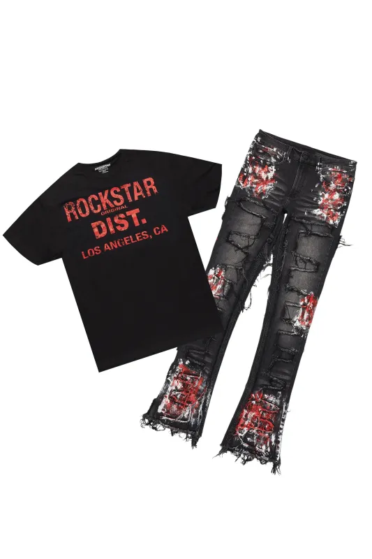 Saxon Dark Grey/Red T-Shirt/Stacked Flare Jean Set sold by Rockstar Original