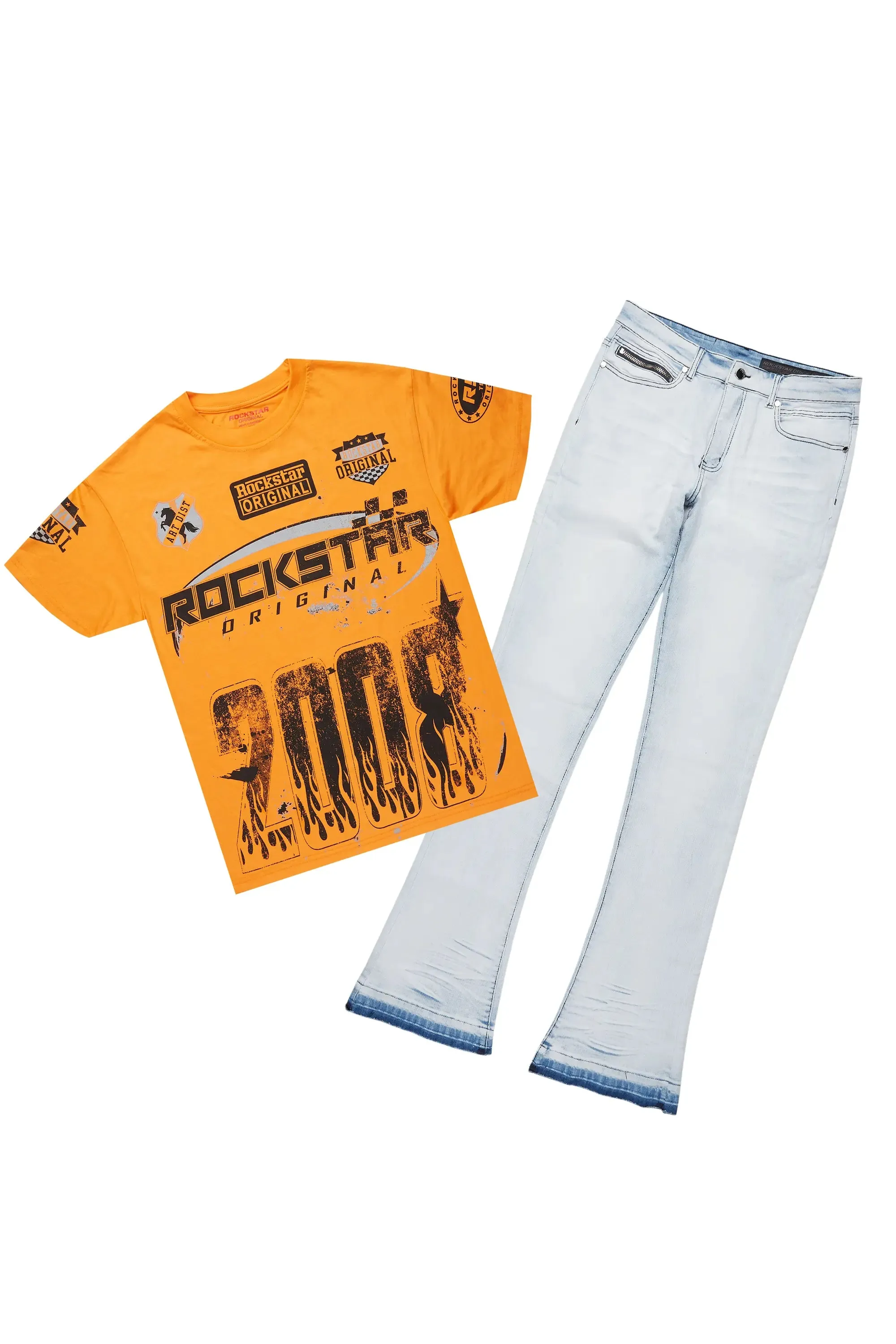 Amos Orange T-Shirt/Dag Blue Stacked Flare Jean Set sold by Rockstar Original