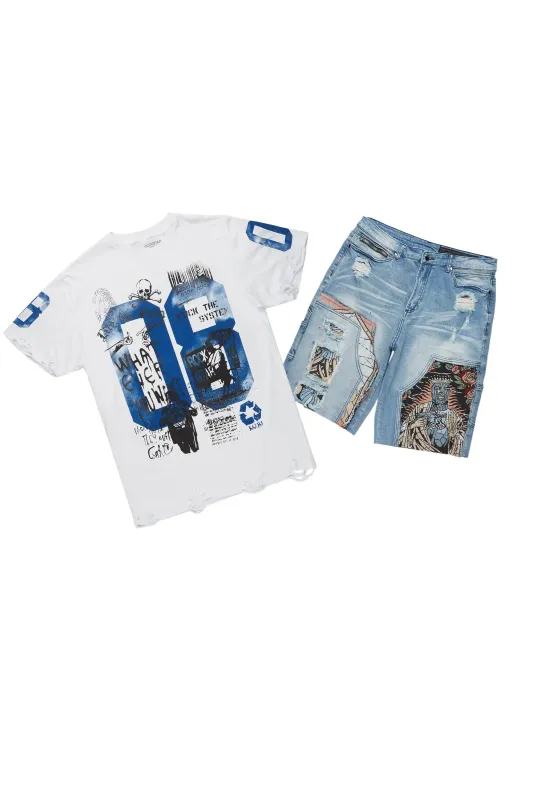 Grill White/Blue Tapestry T-Shirt/Denim Short Set sold by Rockstar Original