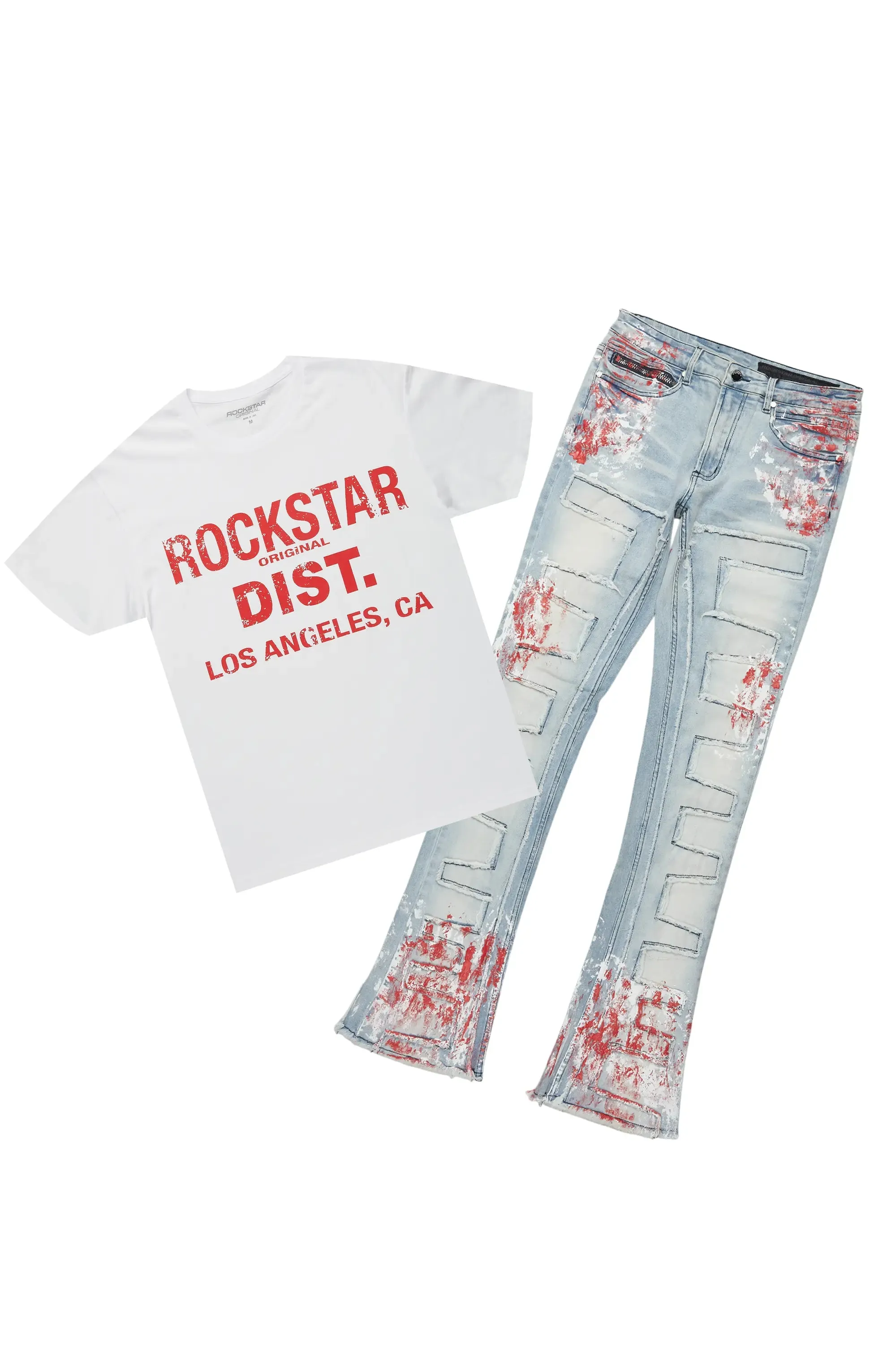 Saxon White/Red T-Shirt/Stacked Flare Jean Set sold by Rockstar Original