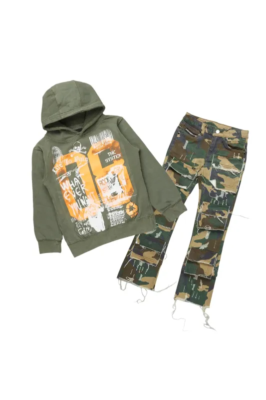 Boys Beau Camo/Vintage Green Hoodie/Stacked Flare Jean Set sold by Rockstar Original