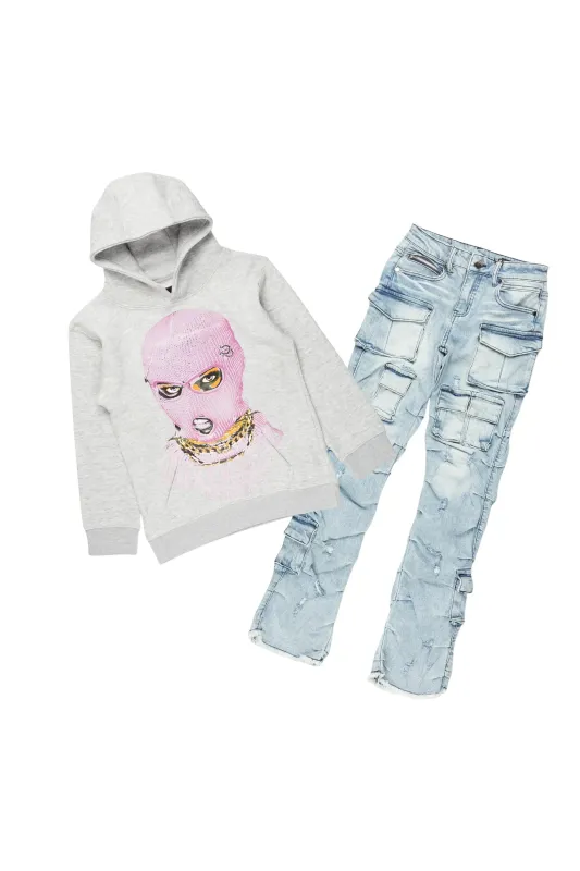Girls Karasi Grey/Blue Hoodie/Stacked Flare Jean Set sold by Rockstar Original