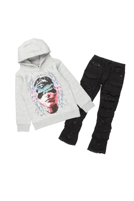 Girls Isha Grey/Black Hoodie/Stacked Flare Jean Set sold by Rockstar Original