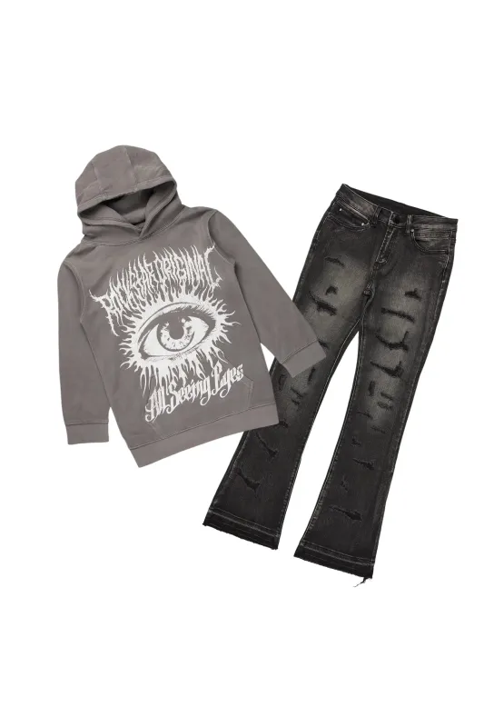 Boys All Eyes Black/Vintage Grey Hoodie/Stacked Flare Jean Set sold by Rockstar Original