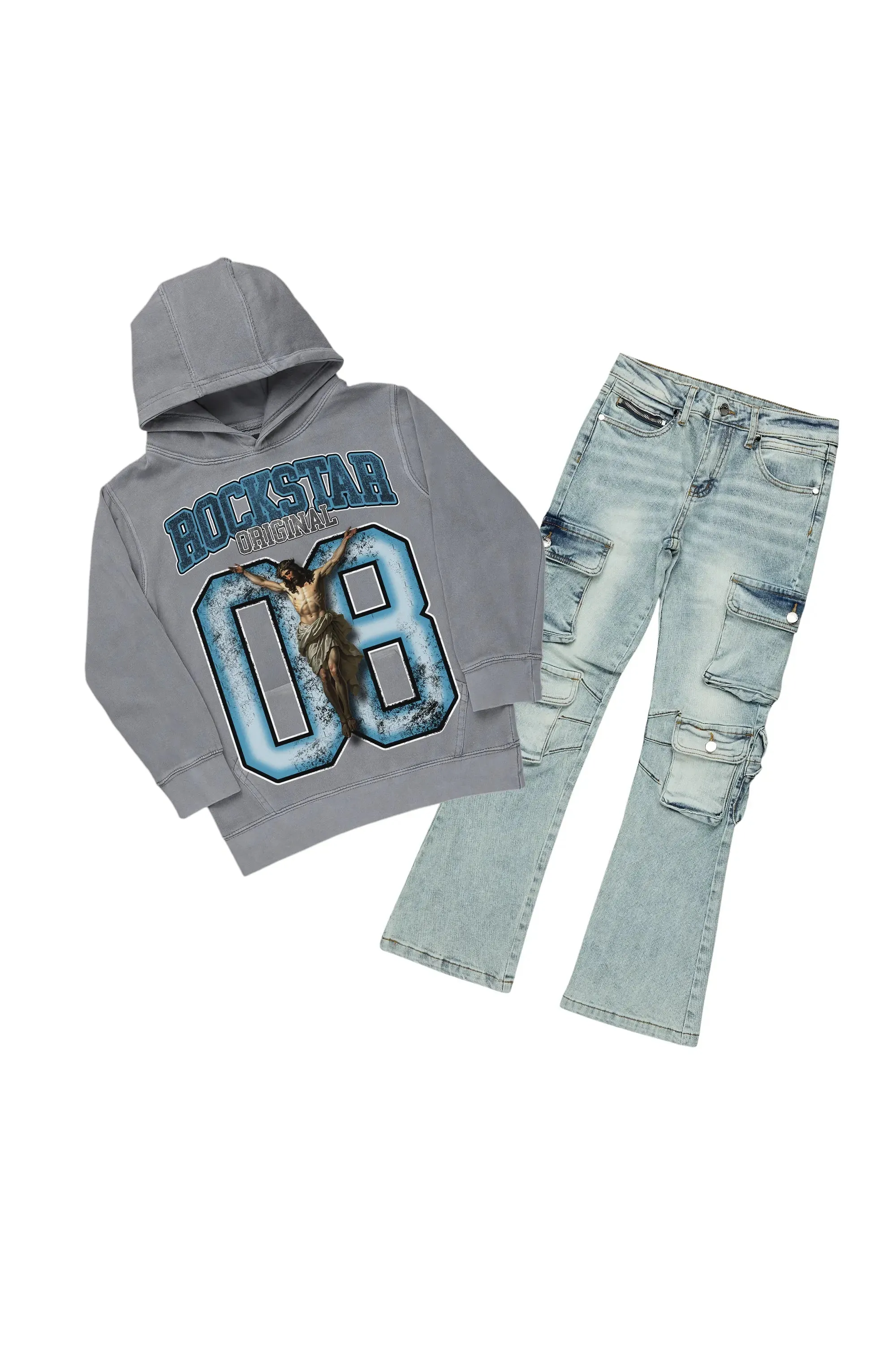 Boys Fields Vintage Grey/Blue Hoodie/Stacked Flare Jean Set sold by Rockstar Original