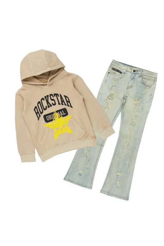 Girls Jilie Vintage Beige Hoodie/Stacked Flare Jean Set made by Rockstar Original